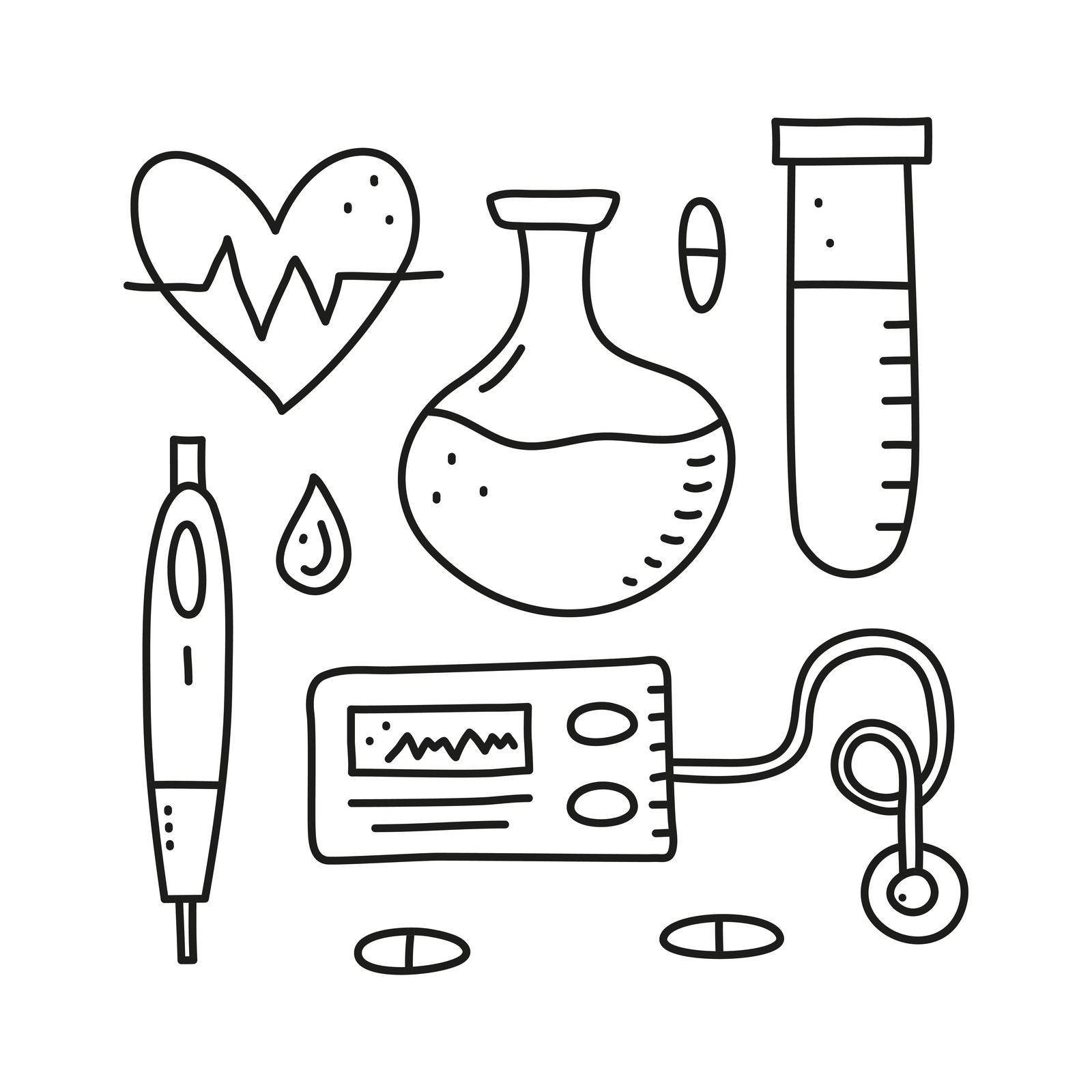 Set of doodle outline diabetes items, including pills, flask, insulin pen, pump, test tube, heart isolated on white background. Can be used for posters, cards, flayers.