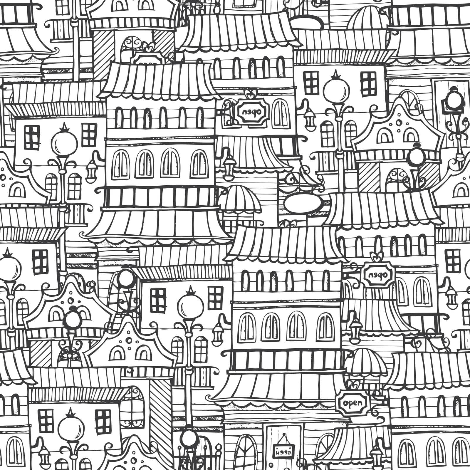 Cartoon fairy tale drawing vintage town. Sketchy seamless pattern