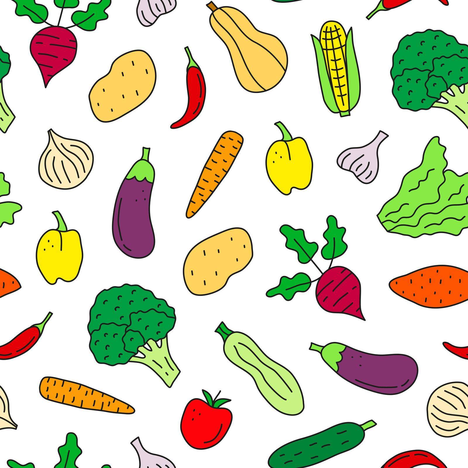 Seamless pattern with doodle colorful vegetables including broccoli, garlic, cucumber, sweet potato, onion, corn, beet, zucchini, eggplant, butternut, tomato, carrot, chili, lettuce, bell pepper.