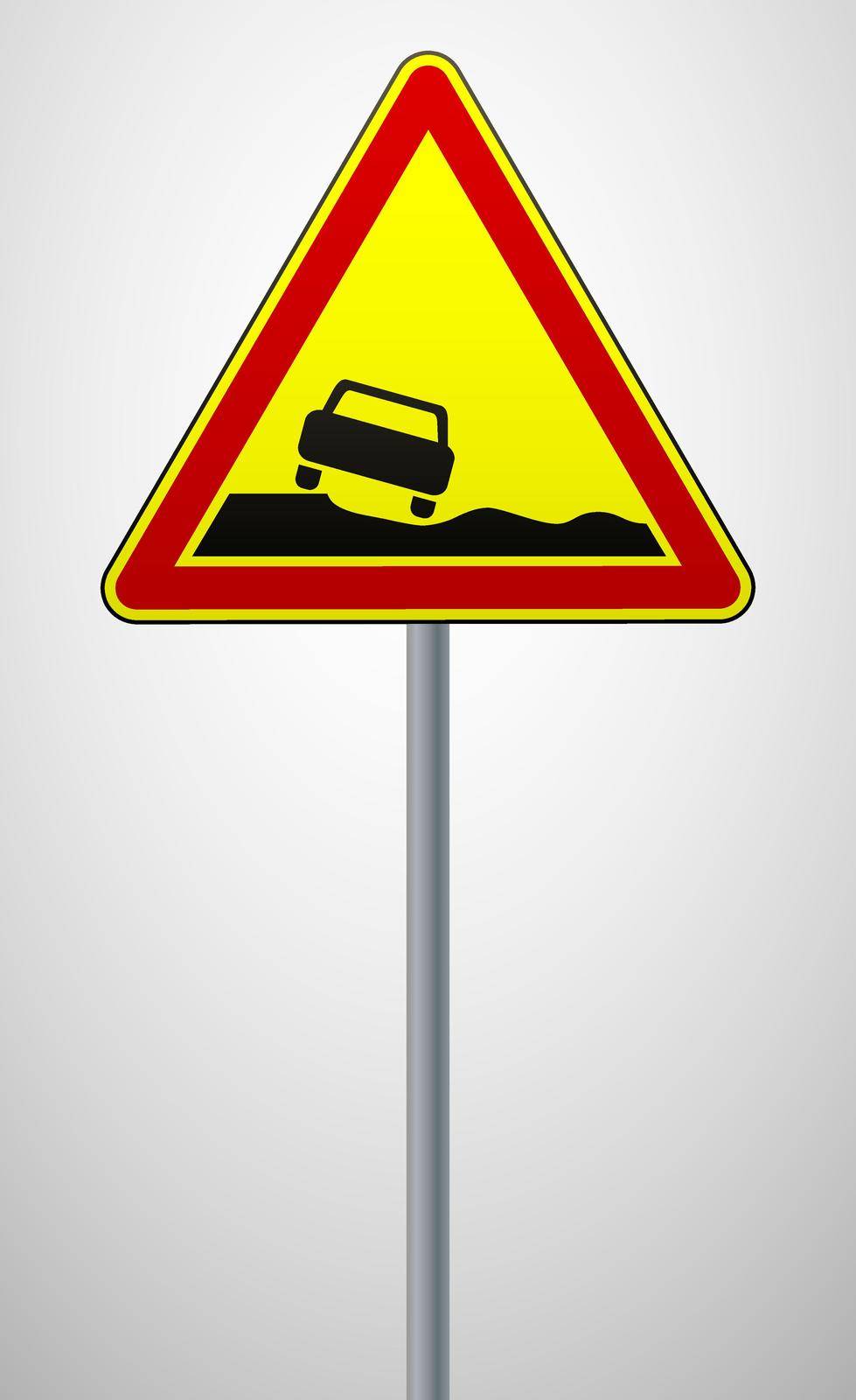 warning road sign dangerous roadside. triangular sign on a metal pole. traffic rules and safe driving. vector illustration. by Nikolaiev_Oleksii
