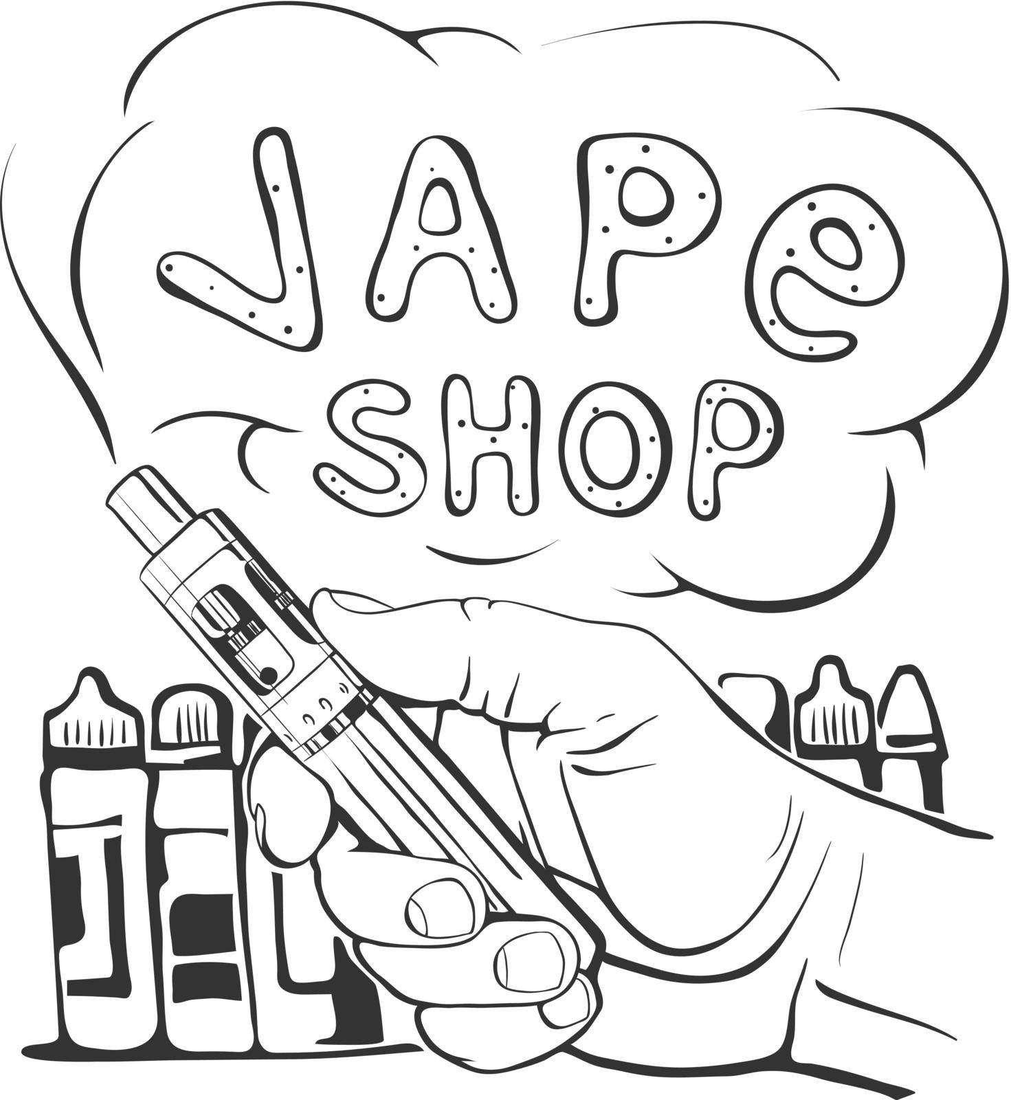 Vape Shop logo on a white background. The sign for the electronic cigarette store advertising. Monochrome vector illustration.