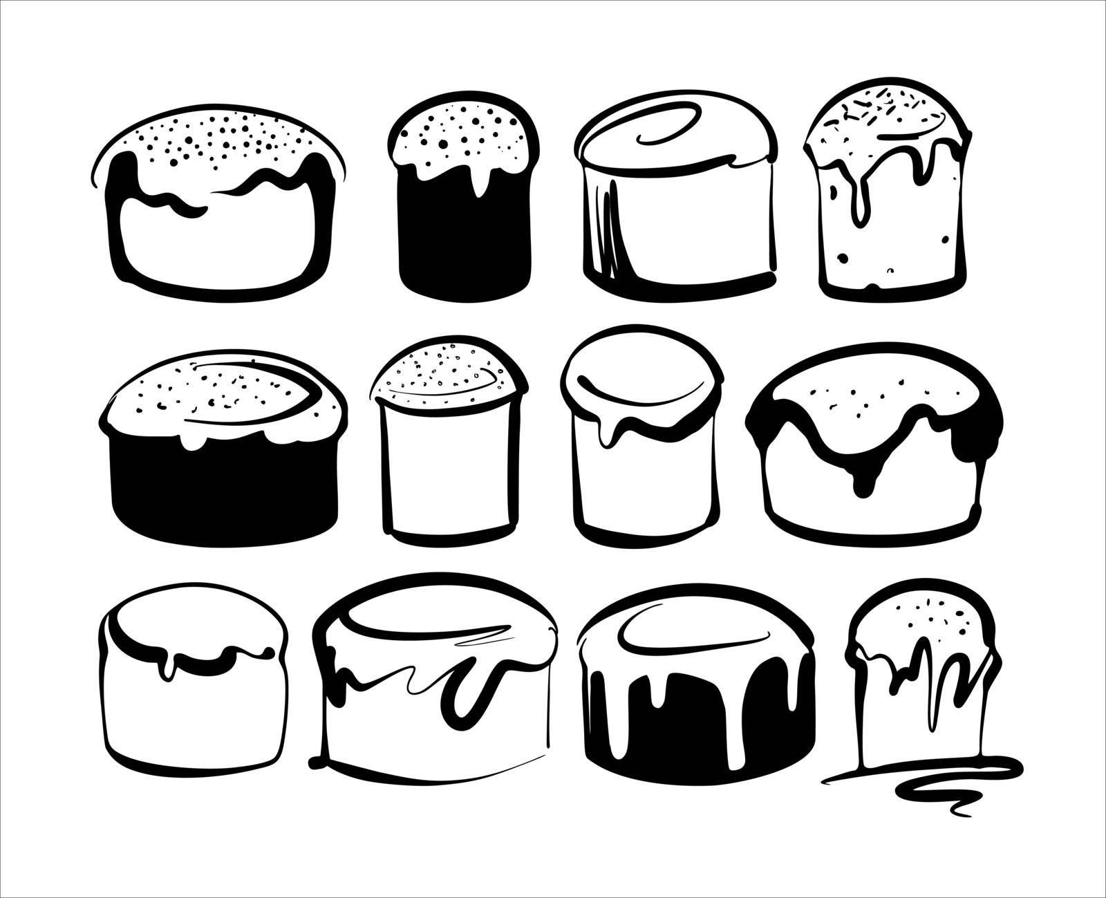 A set of Easter cakes drawn in different styles. Sketch black and white icons vector