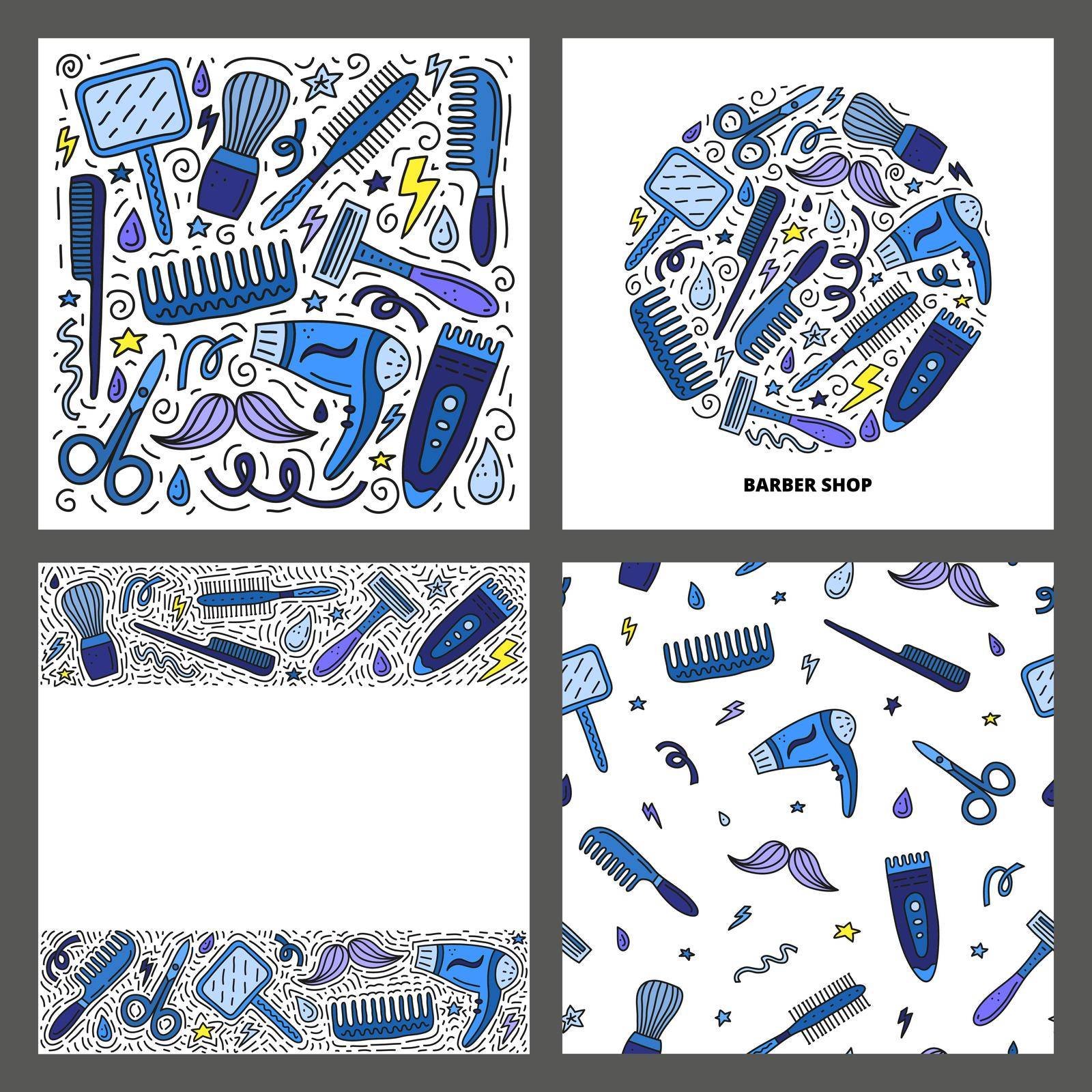 Set of cards with cute colored doodle barber shop icons including hand mirror, scissors, hairdresser, mustache, clipper, etc isolated on grey background. Composition, poster and seamless pattern.