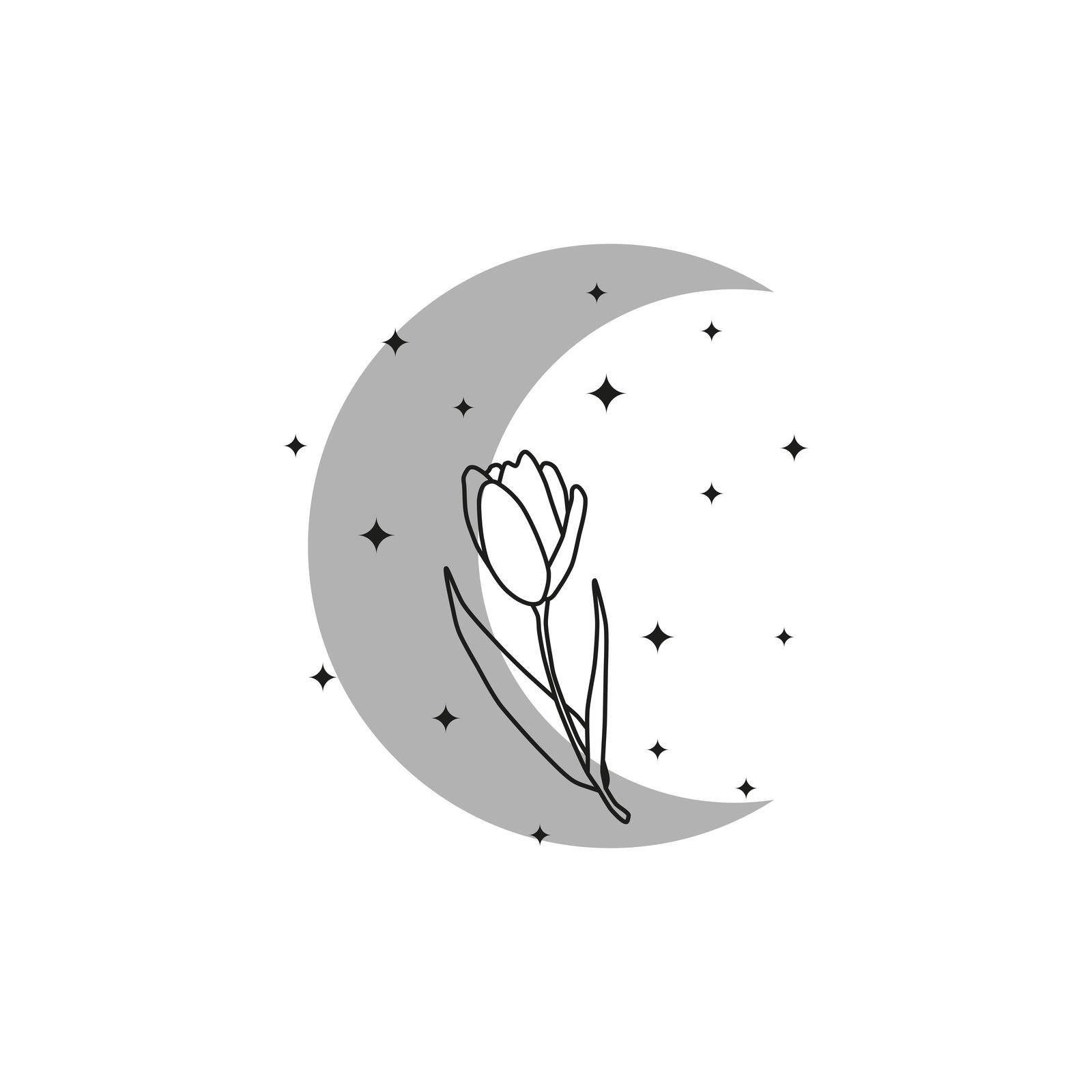 Grey bohemian crescent moon with outline tulip flower isolated on white background. Mystic witchy illustration. Boho chic silhouette.