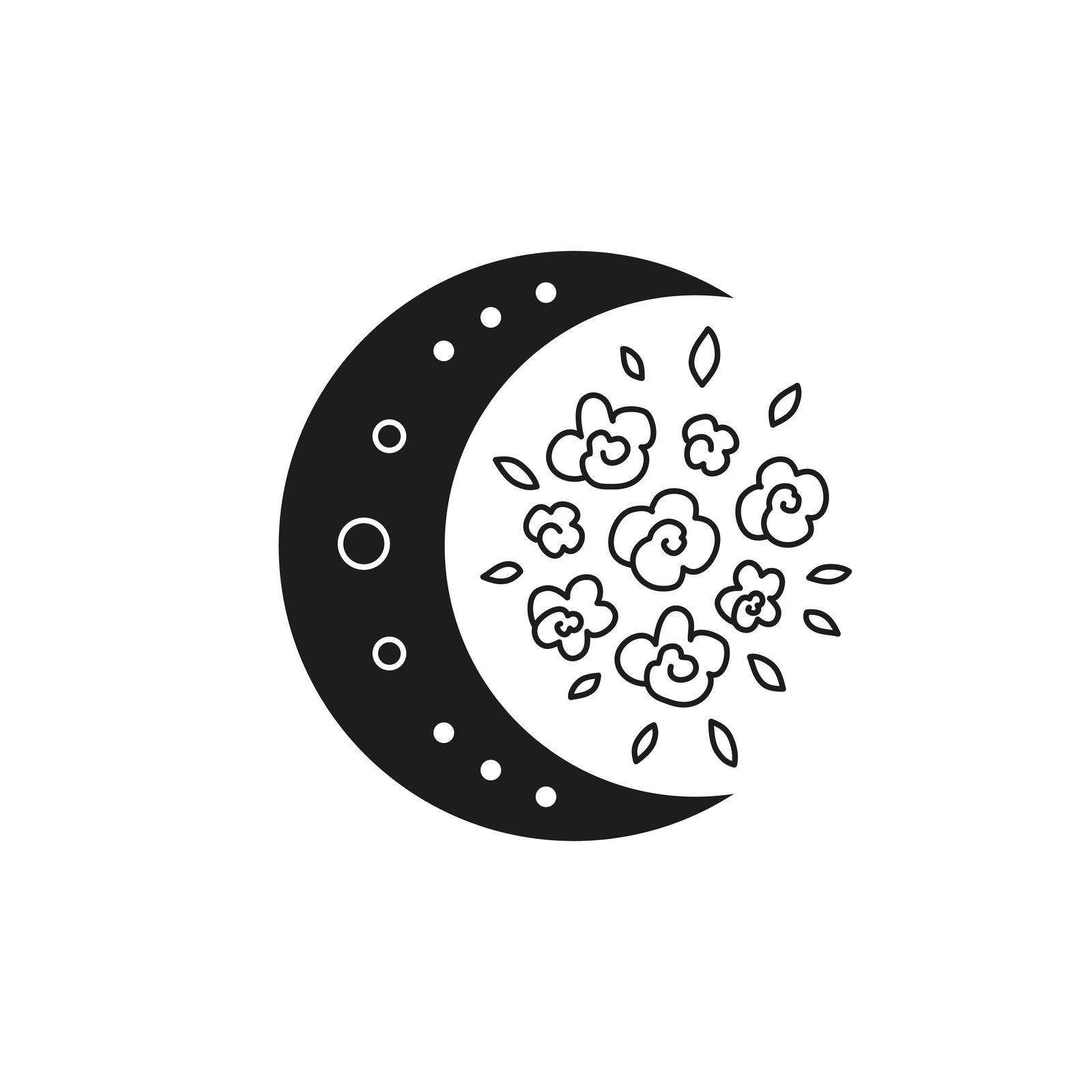 Black bohemian crescent moon with outline flowers isolated on white background. Mystic witchy illustration. Boho chic silhouette.
