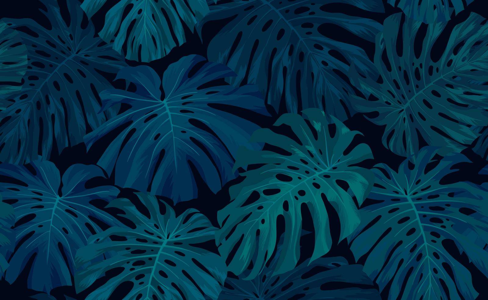 Seamless green hand drawn tropical pattern with monstera palm leaves on dark background. Vector illustration.