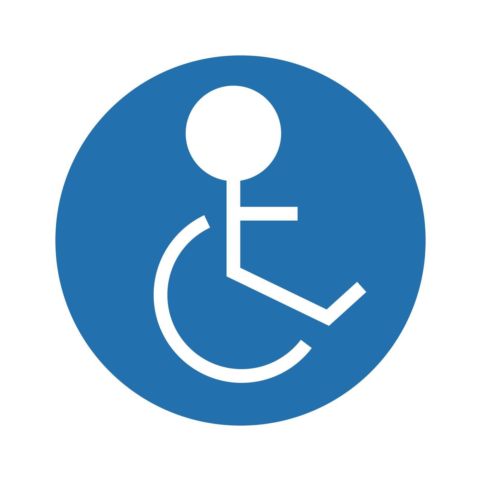 The pictogram of the wheelchair in the blue circle. Editable vector.