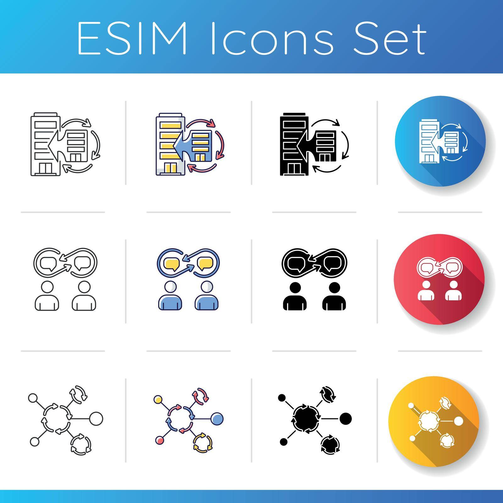 Synergy icons set. Merge with corporation. Small and big business integration. Interpersonal relationship. Network structure. Linear, black and RGB color styles. Isolated vector illustrations