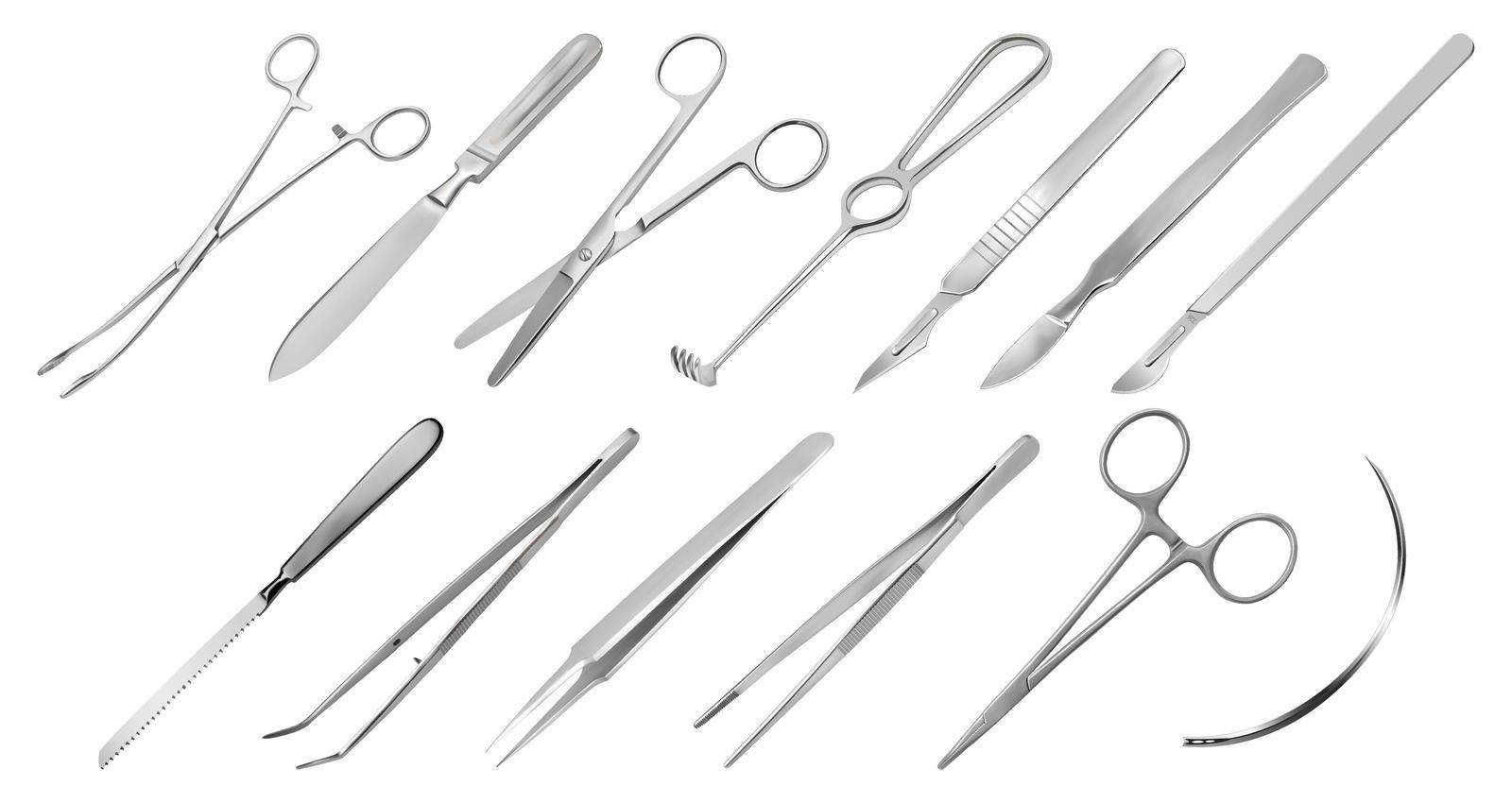 Surgical instruments. Different types of tweezers, scalpels, Liston s amputation knife clip with fastener, straight scissors, Folkmann s jagged hook, Meyer s forceps, surgical needle, Langenbeck saw by Nikolaiev_Oleksii