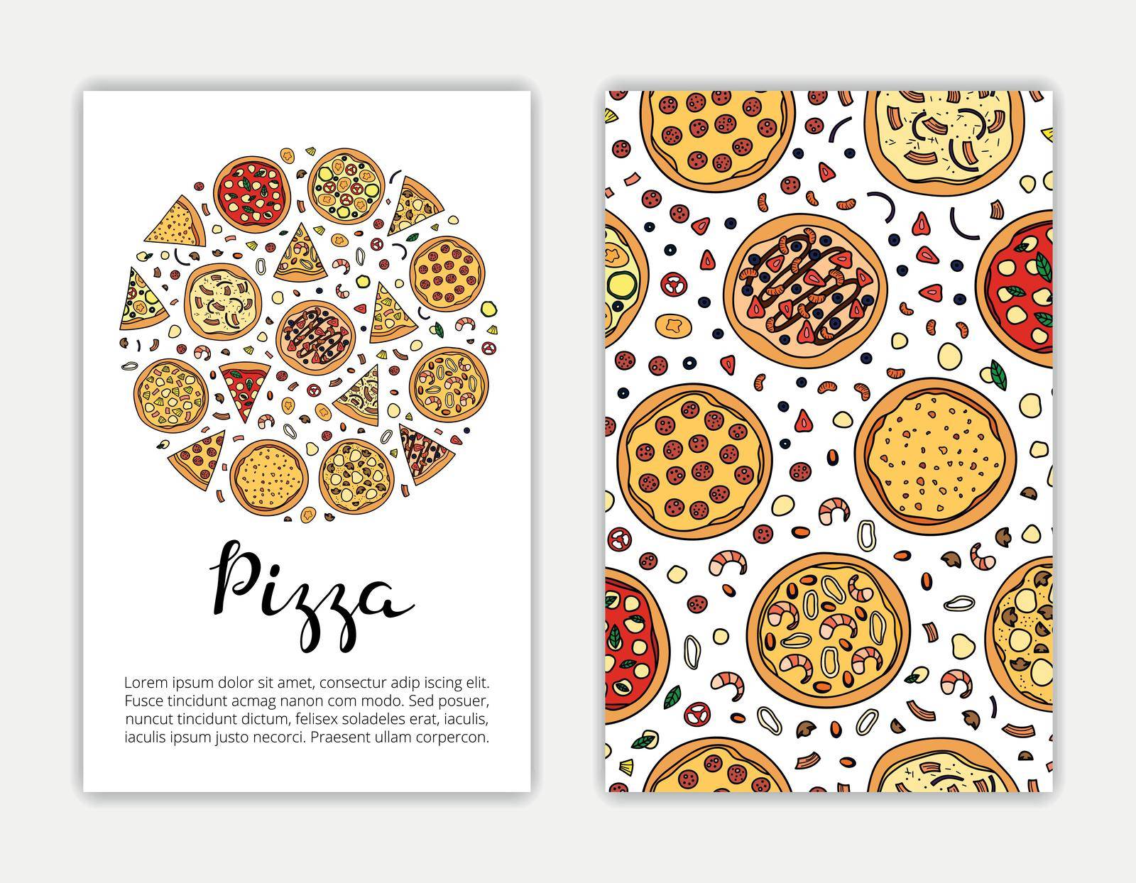 Card templates with hand drawn colored pizza. Used clipping mask.