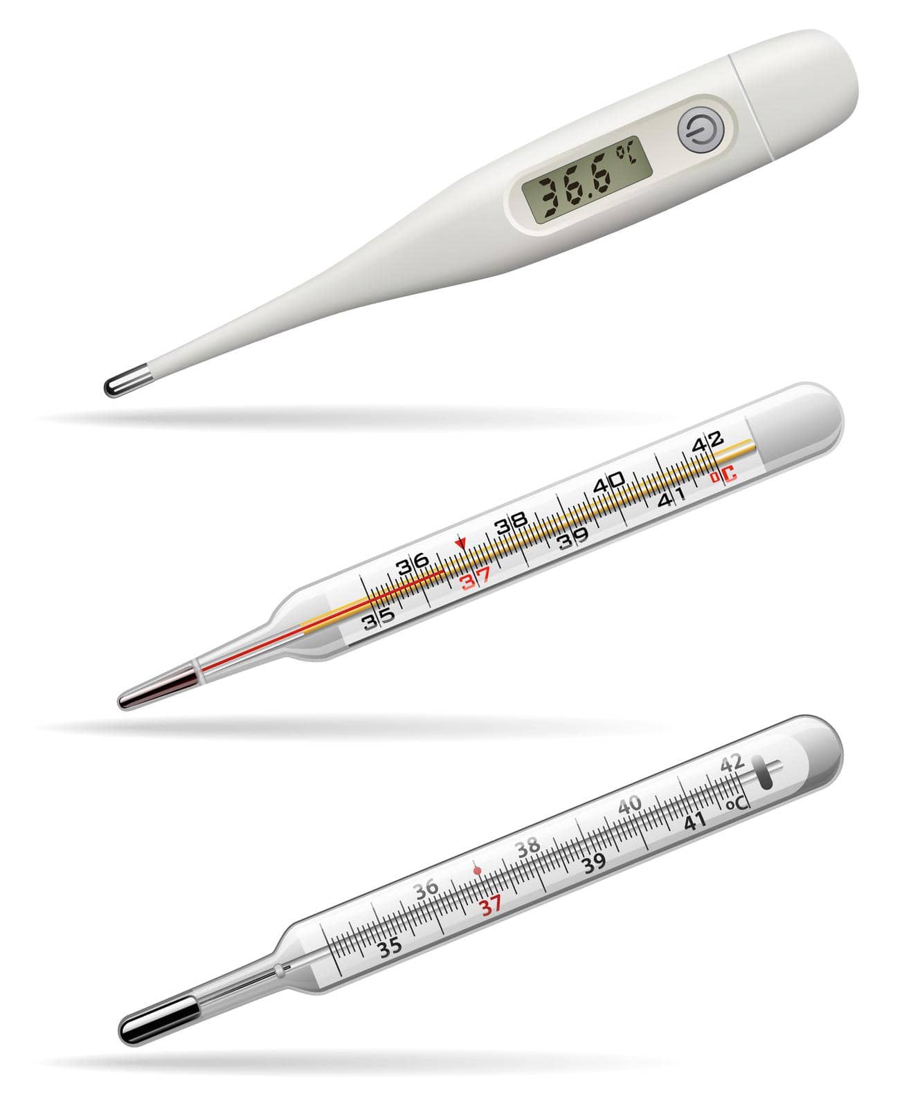 Medical thermometers. Digital, alcohol and mercury thermometers for measuring the temperature of the human body. Vector illustration.