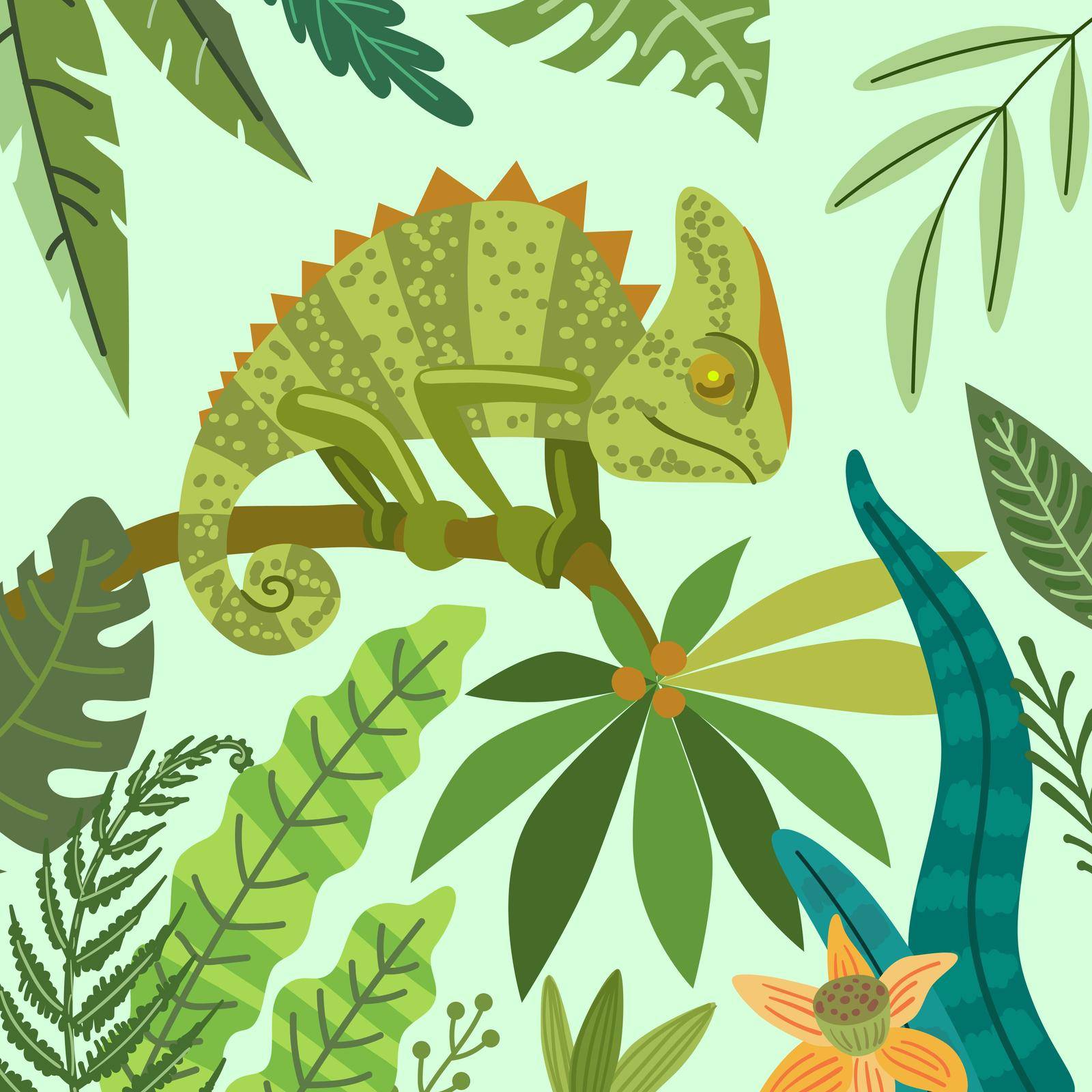 Chameleon illustration. Tropical animals vector. Beautiful animalistic composition. Good for your design.