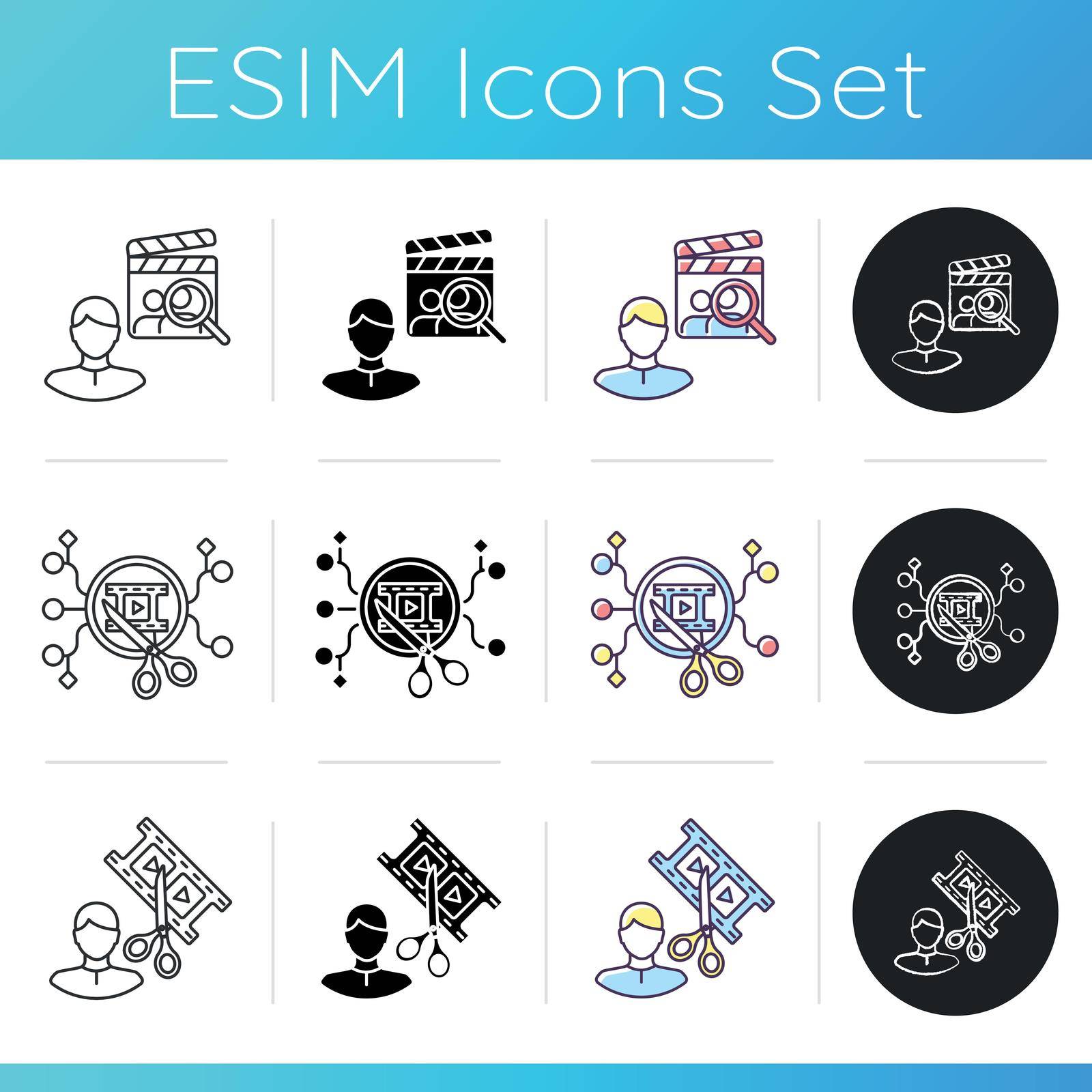 Filmmaking icons set. Director of casting. Project leader recruit actors. Ai editing for filmmaking. Professional editor. Linear, black and RGB color styles. Isolated vector illustrations
