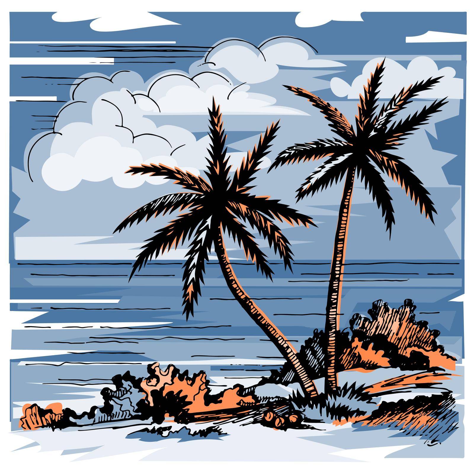 Palm and sea colored vector sketch. Summer beach. Two lonely palms and grass. Coconuts. Clouds on the horizon.