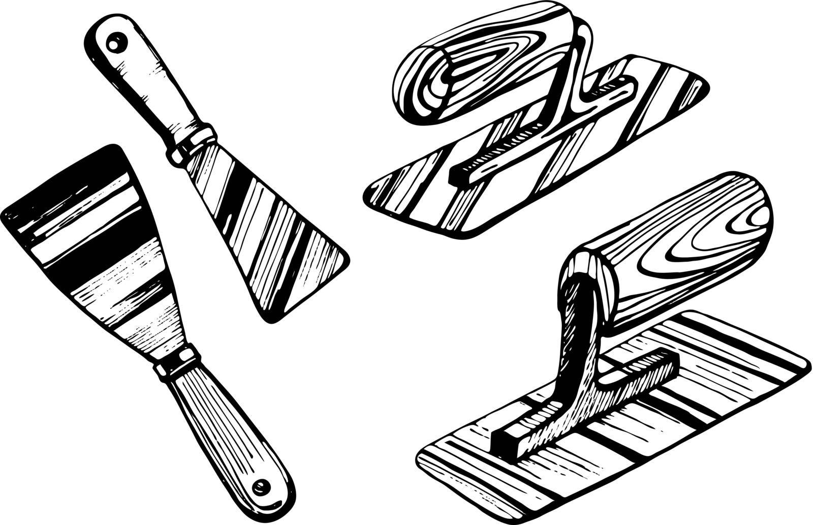 Tools for applying Venetian plaster. Trowel and auxiliary trowel. Hand drawn vector sketch.