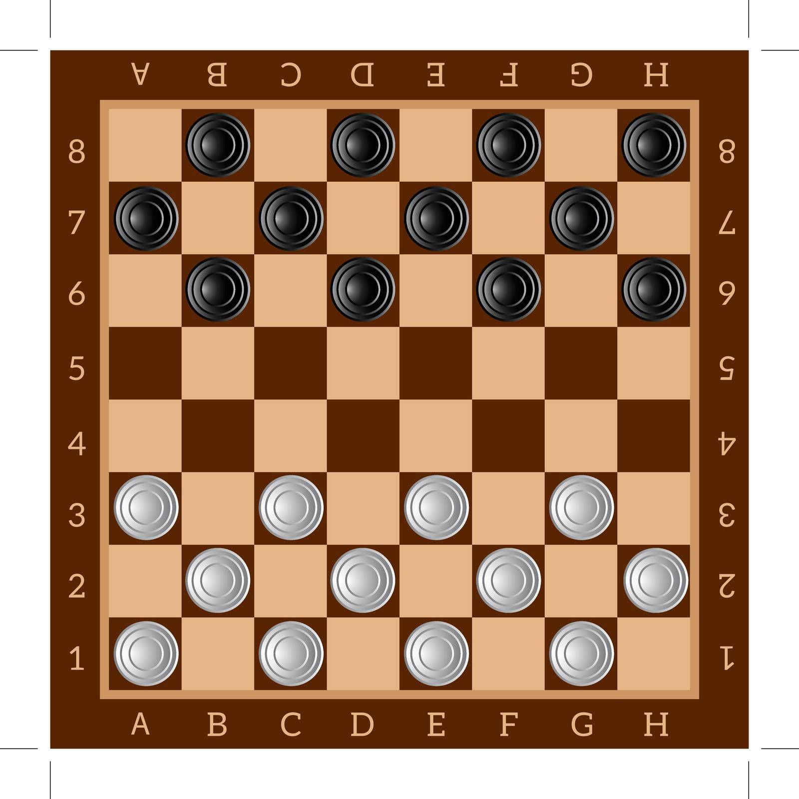 Checkers. Ancient Intellectual board game. Chess board. White and black chips. Vector Image