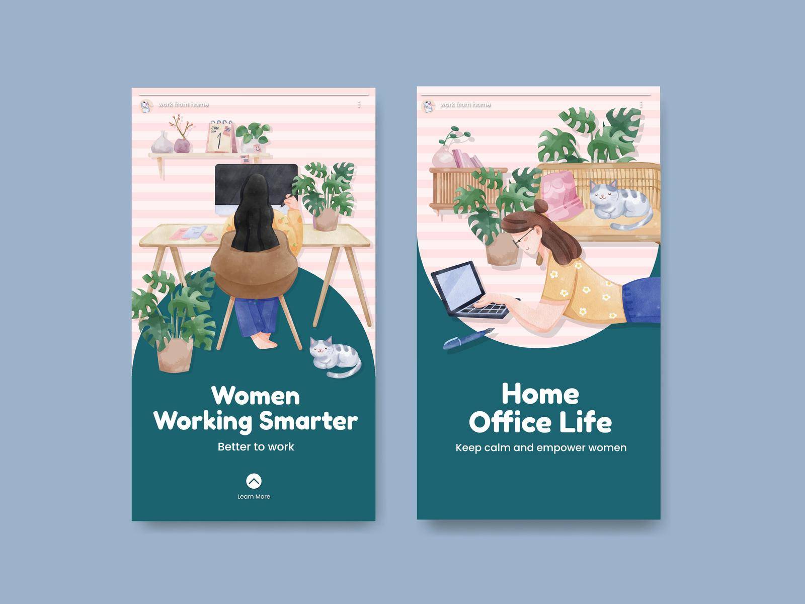 Instagram template with woman work from home concept,watercolor style by Photographeeasia