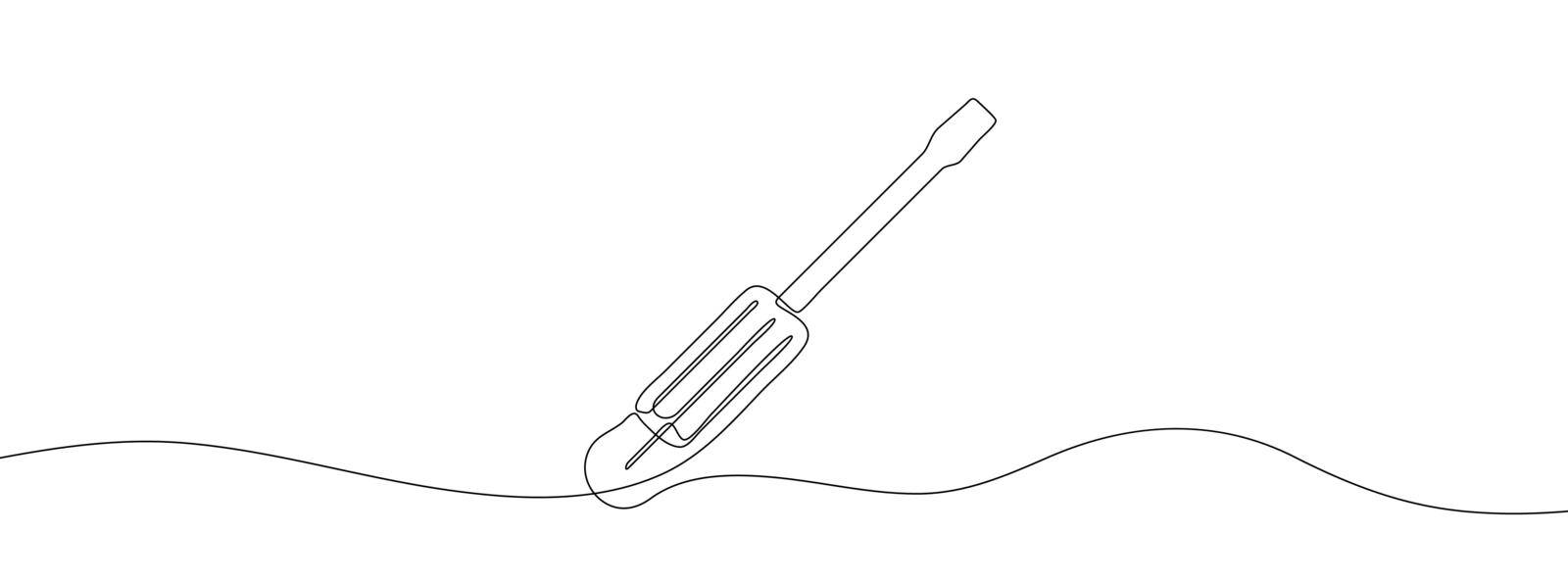 Continuous line drawing of screwdriver. Screwdriver linear icon. One line drawing background. Vector illustration. Screwdriver continuous line icon.