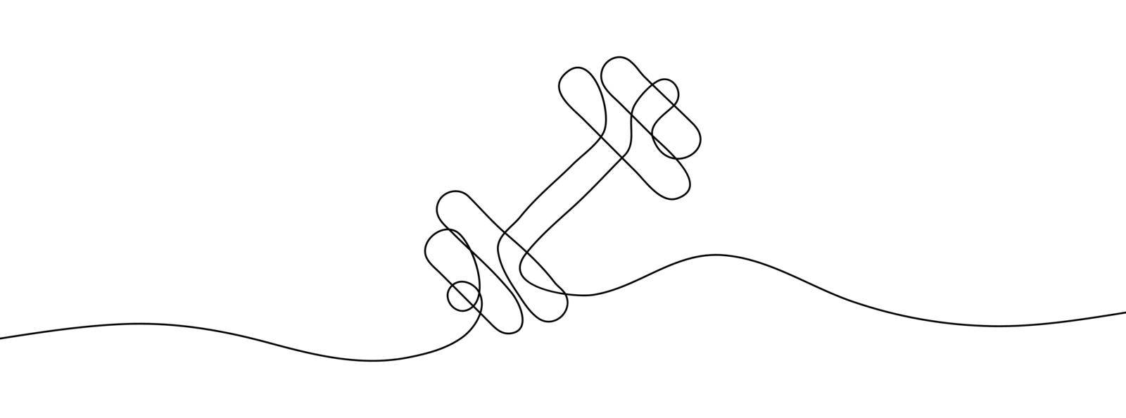 Continuous line drawing of dumbbell. One line drawing background. Dumbbell continuous line icon. by Chekman