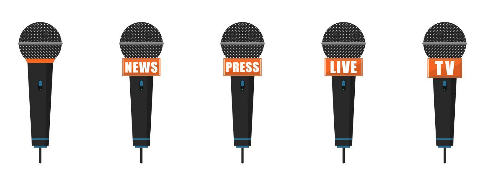 Microphone icons set. Press, news, live and TV microphones. Vector illustration. Live report concept