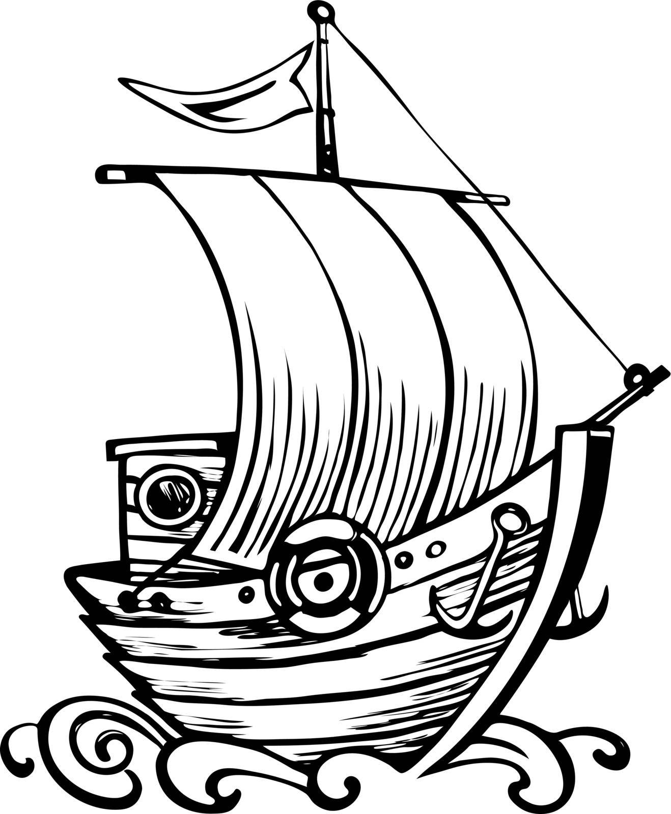Illustration old ship with waves in style retro design. Vintage nautical ship, vintage sailing boat. Hand-drawn sketch.
