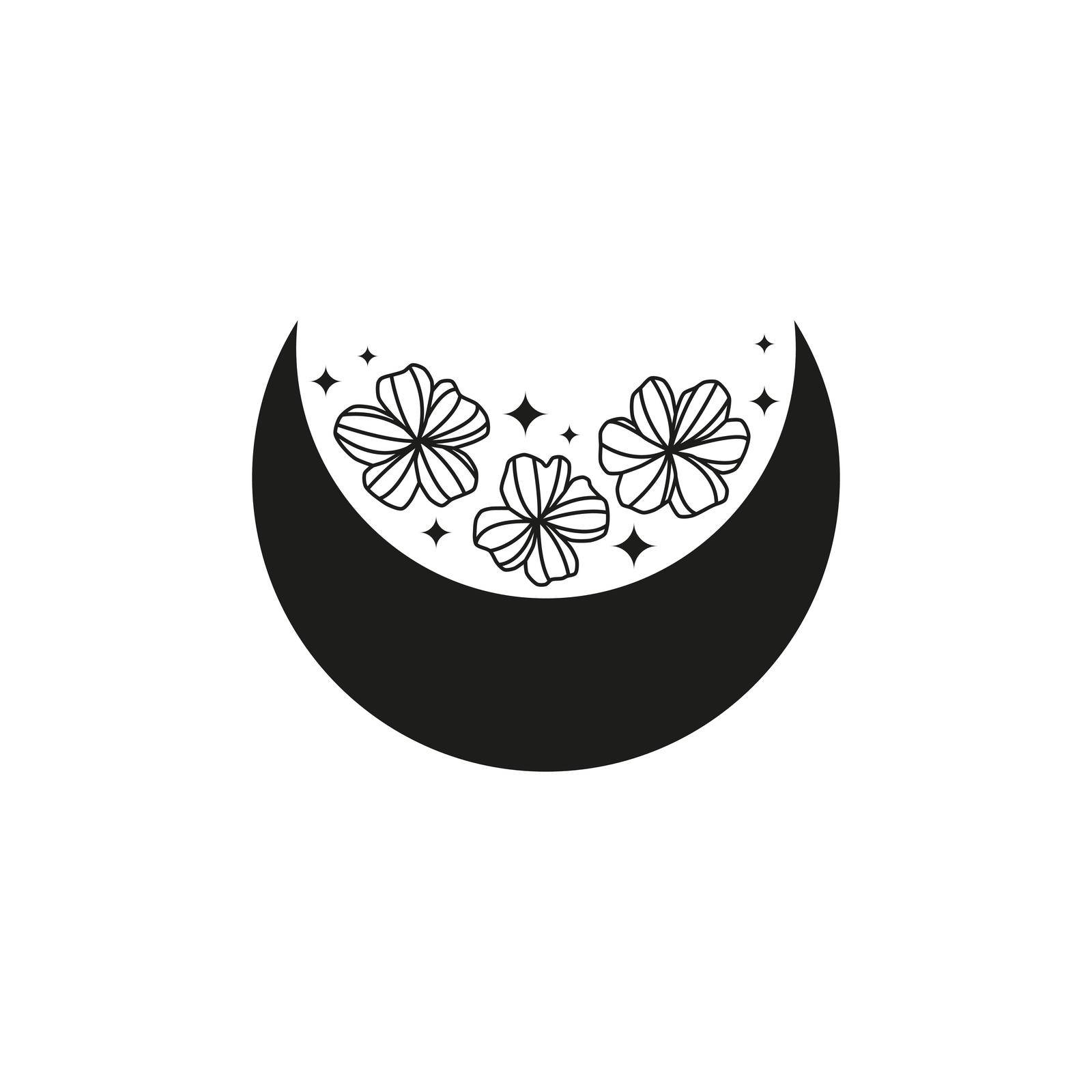 Bohemian floral crescent moon with flowers and stars isolated on white background. Witchy luna. Alchemy esoteric magic talisman. Mystical boho symbol.