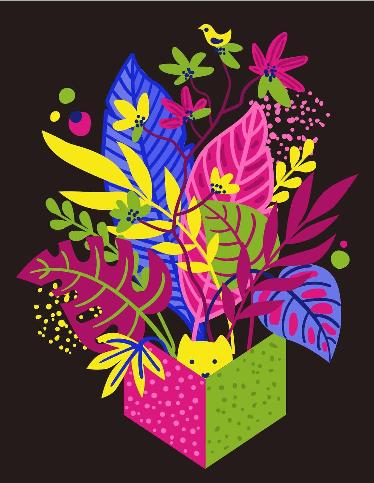 A box with a composition of bright tropical leaves. Beautiful colorful illustration for your design.