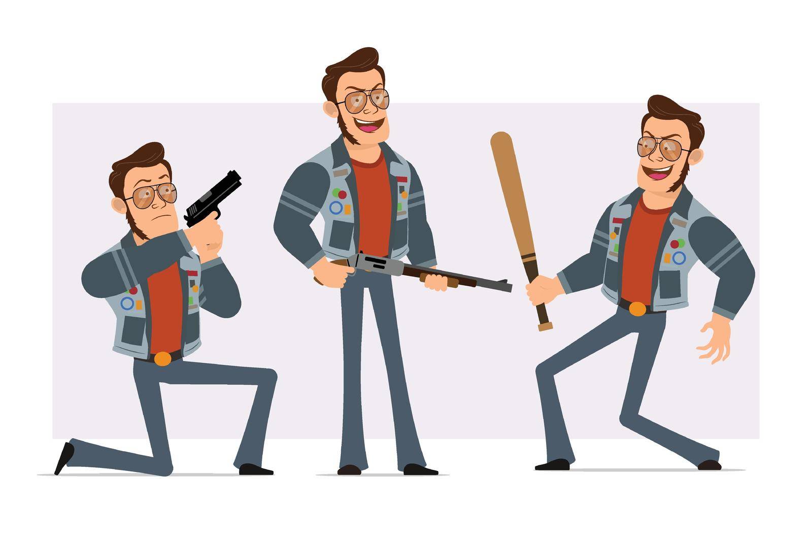 Cartoon flat strong disco man in sunglasses and jeans jacket. Ready for animation. Boy holding baseball bat, shooting from pistol and shotgun. Isolated on violet background. Vector icon set.