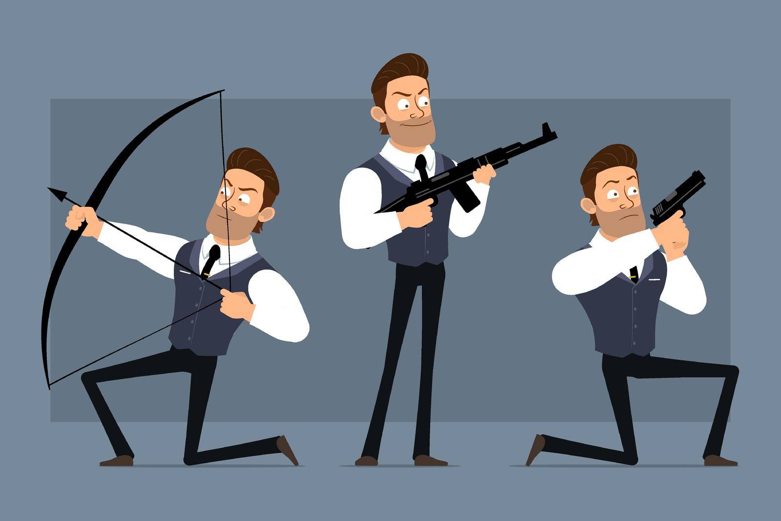 Cartoon flat funny cute strong muscular businessman character with black tie. Ready for animations. Angry boy shooting with pistol, rifle, bow. Isolated on gray background. Big vector icon set.