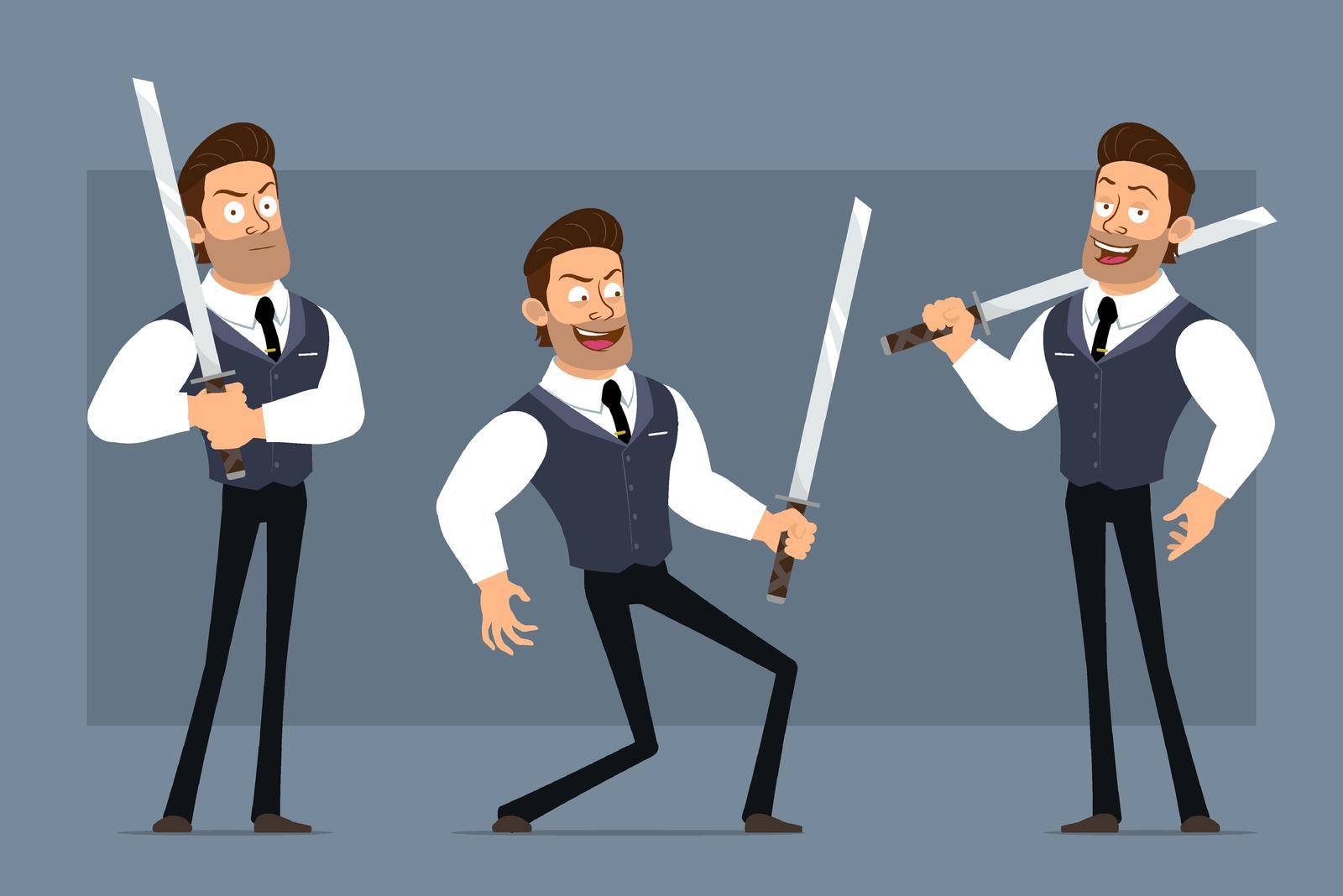 Cartoon flat funny cute strong muscular businessman character with black tie. Ready for animations. Smiling boy fighting with katana sword. Isolated on gray background. Big vector icon set.