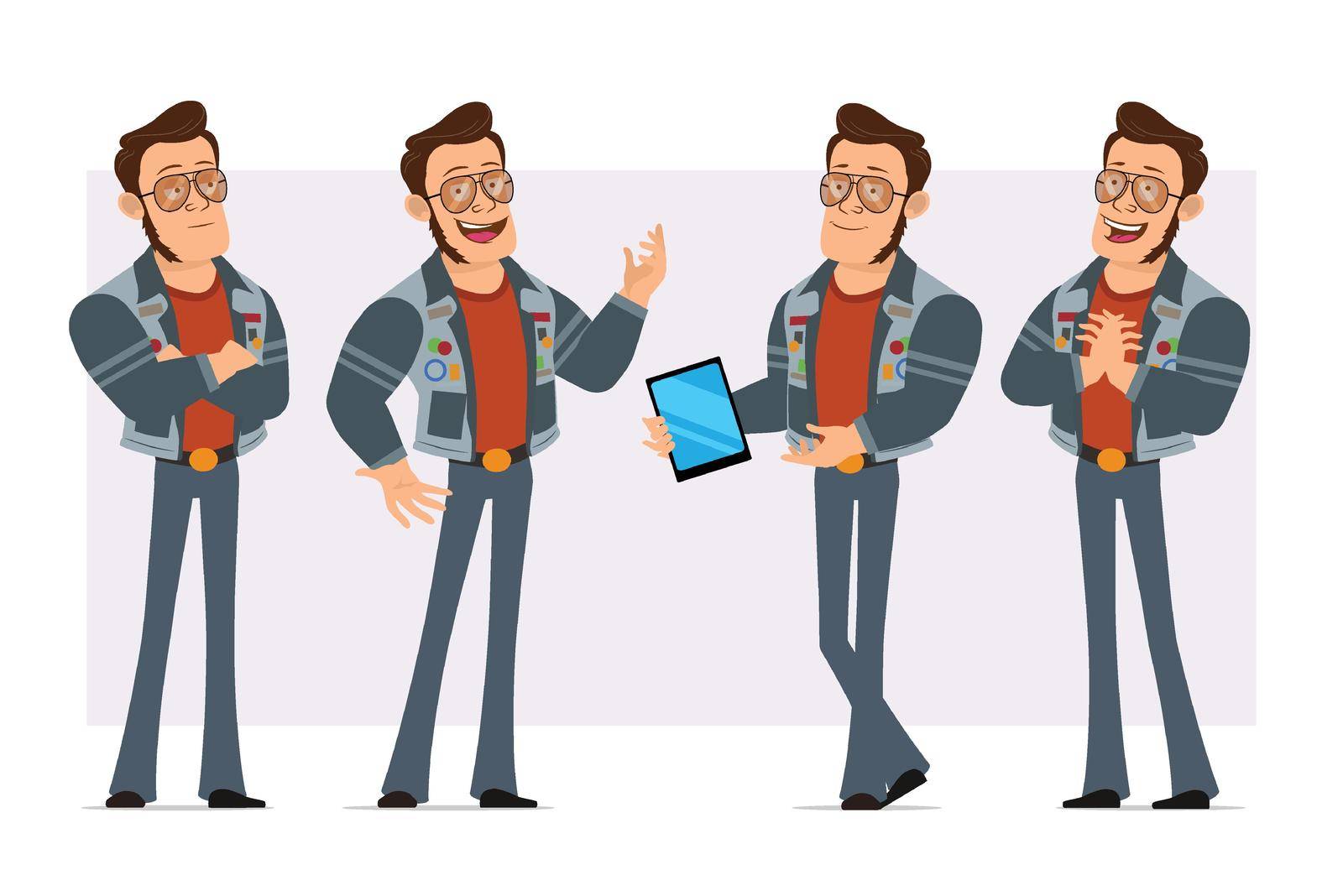 Cartoon flat strong disco man in sunglasses and jeans jacket. Ready for animation. Boy posing on photo and holding new smart tablet. Isolated on violet background. Vector icon set.