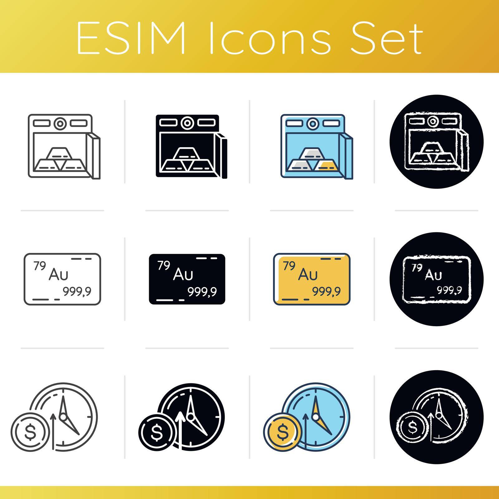Wealth icons set. Gold bars in bank safe. Silver bullion on deposit. Aurum element. Numismatic value. Monetary gain. Linear, black and RGB color styles. Isolated vector illustrations