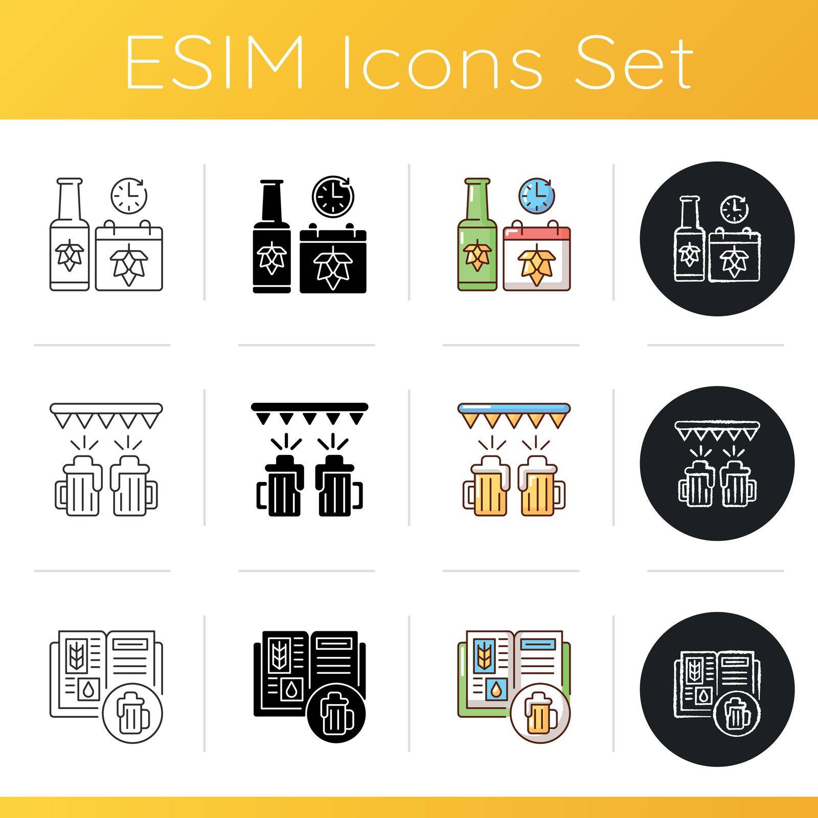 Beer icons set. Brewing seasonal ale. Drinks for festival celebration. Lager recipe in cookbook. Brewery production. Linear, black and RGB color styles. Isolated vector illustrations