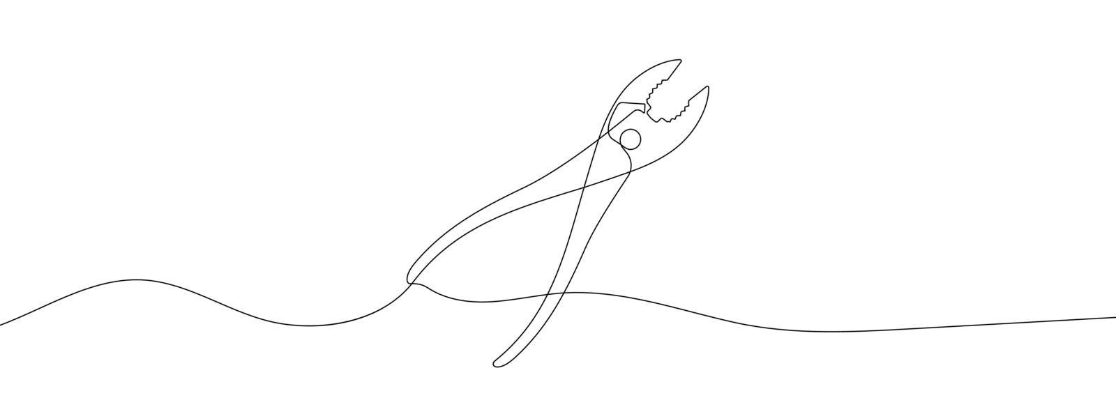 Continuous line drawing of pliers. Pliers linear icon. One line drawing background. Vector illustration. Pliers continuous line icon.