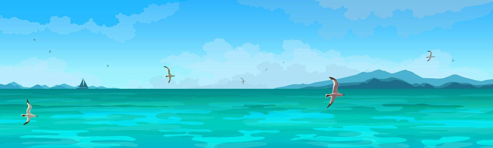 Seascape Panorama. Vector green sea, sky background, yacht and seagulls
