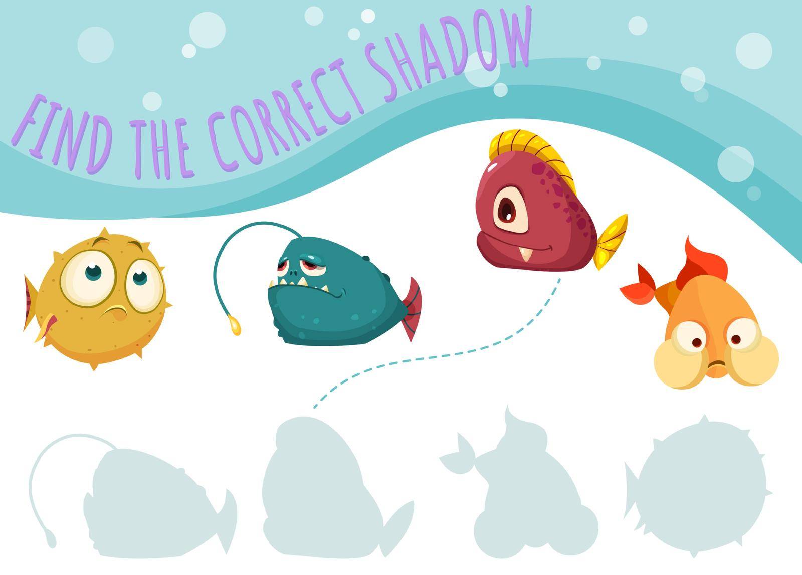 Find the correct shadow, game for kindergarten with funny fish. Cartoon anglerfish, puffer fish, comic marine animals. Education mini-game for kids. Vector illustration printable worksheet.