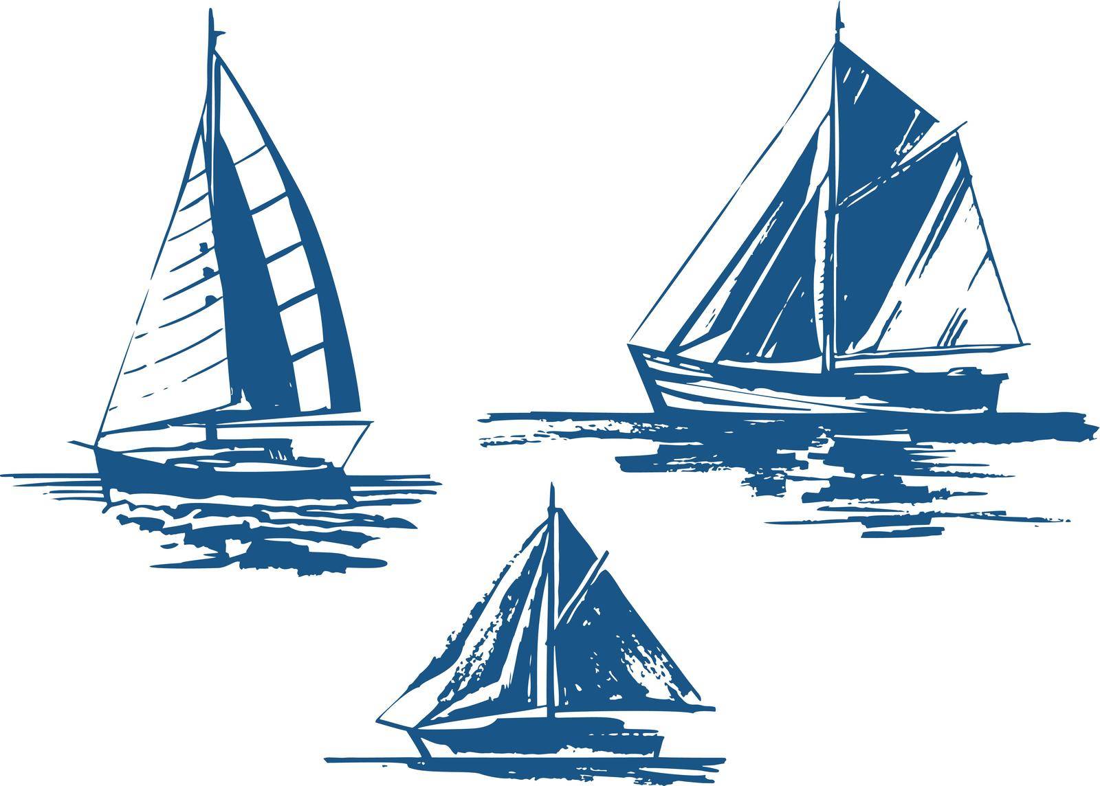 Sailing yachts bundle hand-drawn ink sketch. Set of vector ships