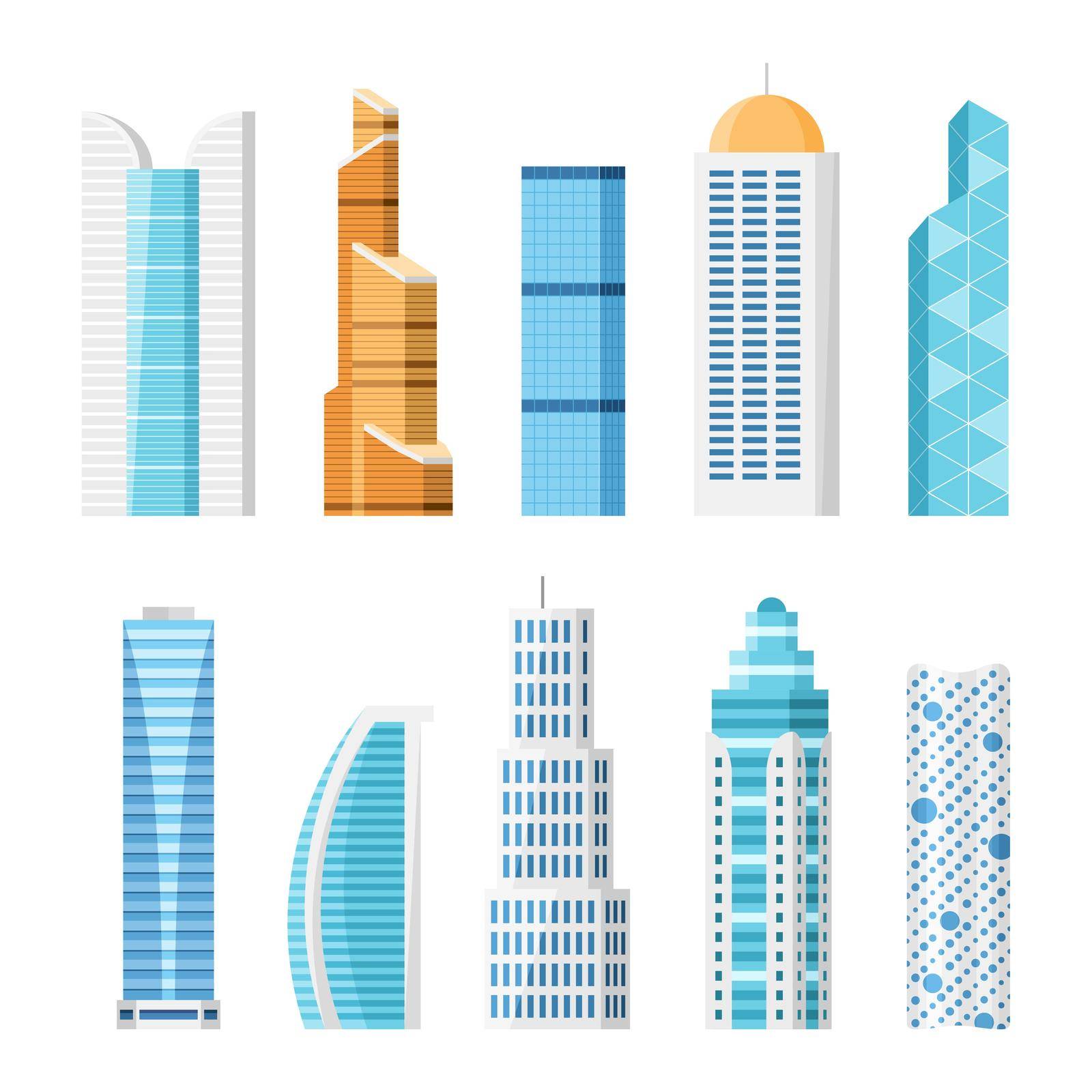 Modern city skyscrapers buildings, isolated vector flat cartoon set. Tower and office, city architecture, house business apartment