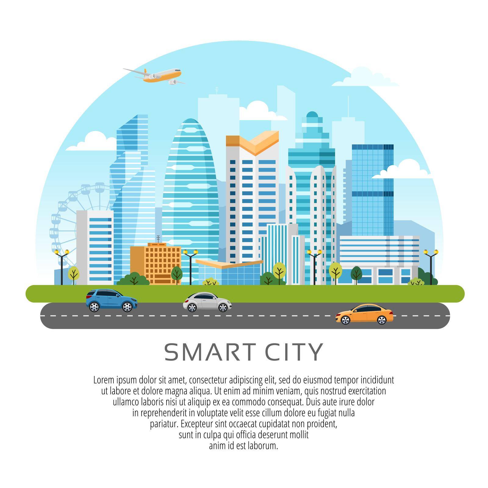 Round style urban landscape with buildings, skyscrapers and transport traffic. Vector illustration