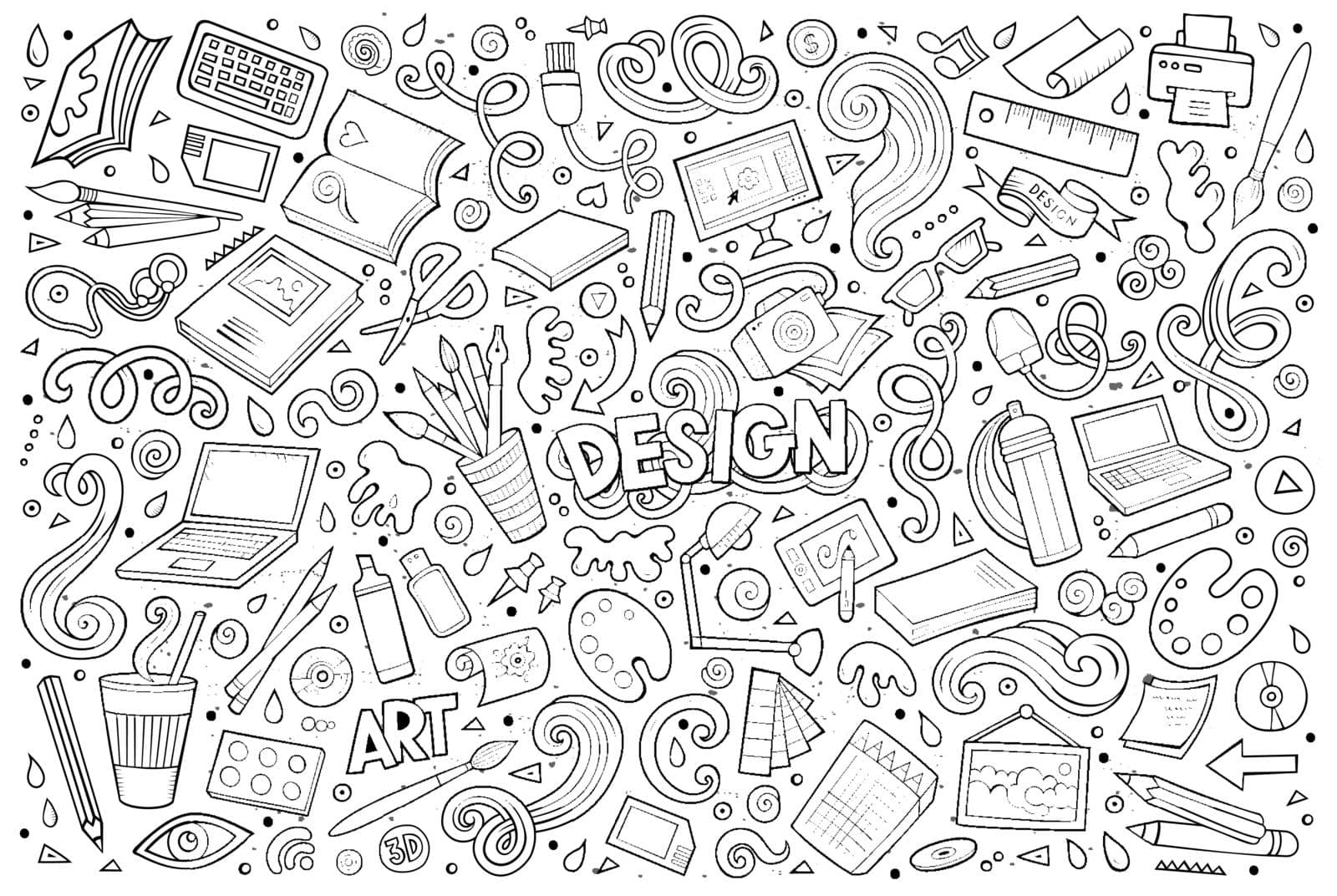 Line art vector hand drawn doodle cartoon set of design theme items, objects and symbols