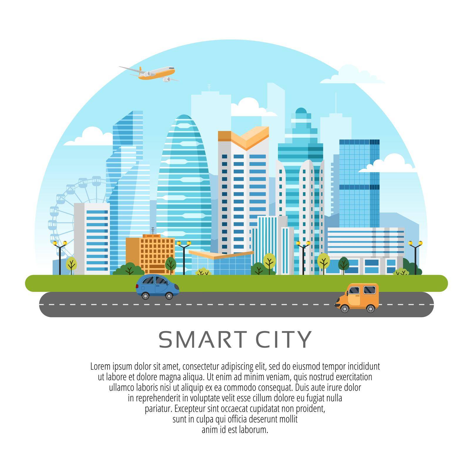 Round style urban landscape with buildings, skyscrapers and transport traffic. Vector illustration