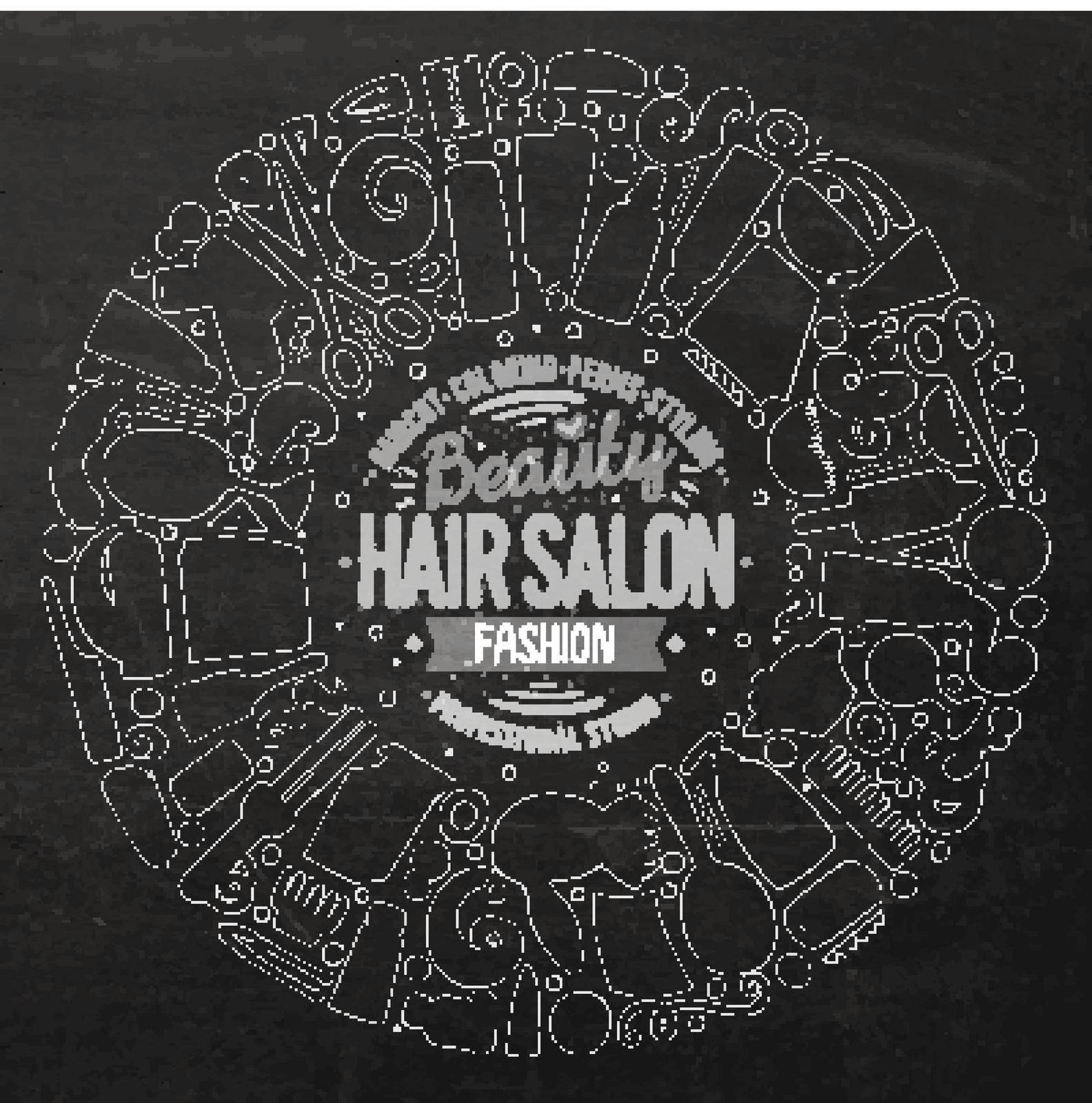 Chalkboard vector hand drawn set of Hair salon cartoon doodle objects, symbols and items. Round frame composition