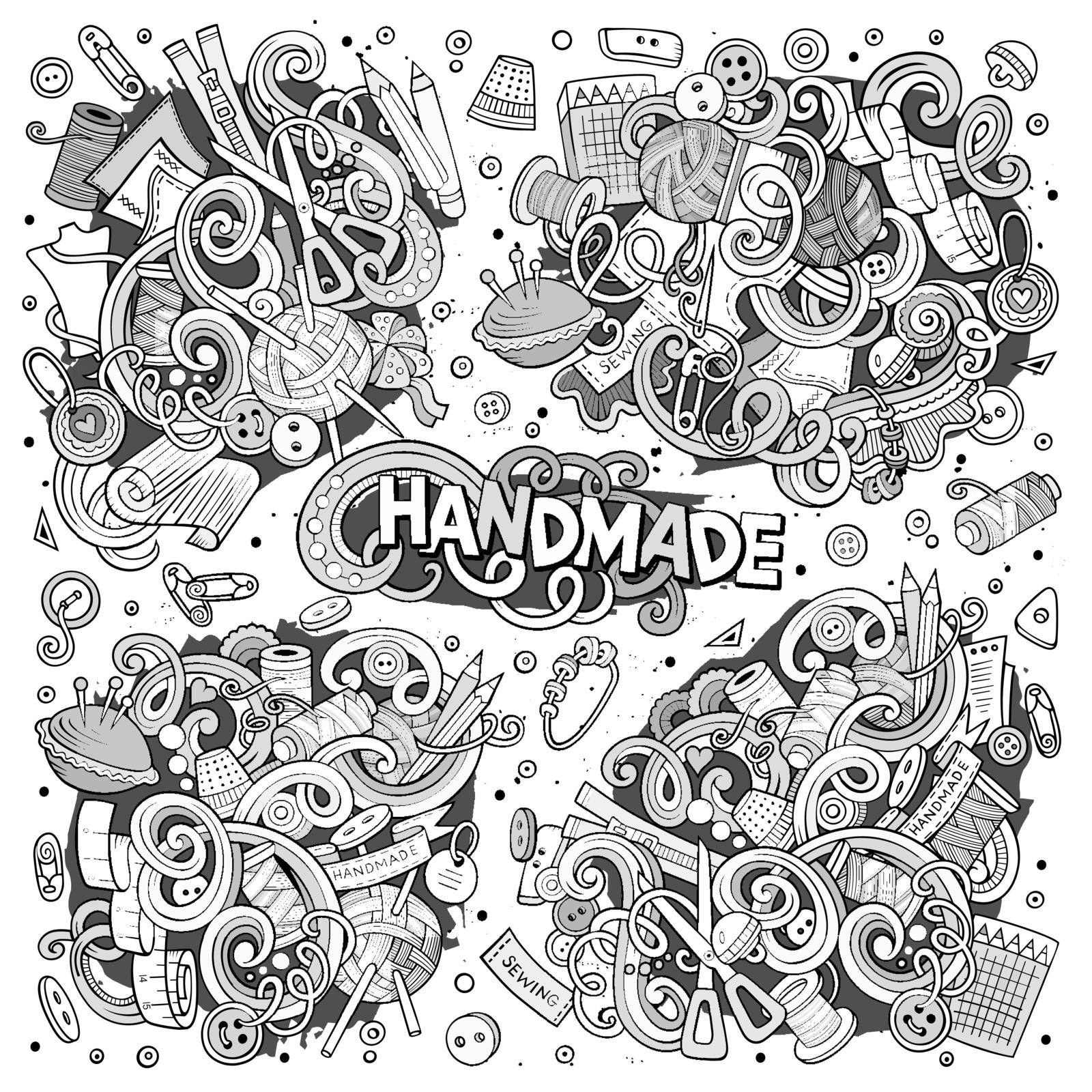 Line art vector hand drawn doodle cartoon set of handmade objects and symbols designs.