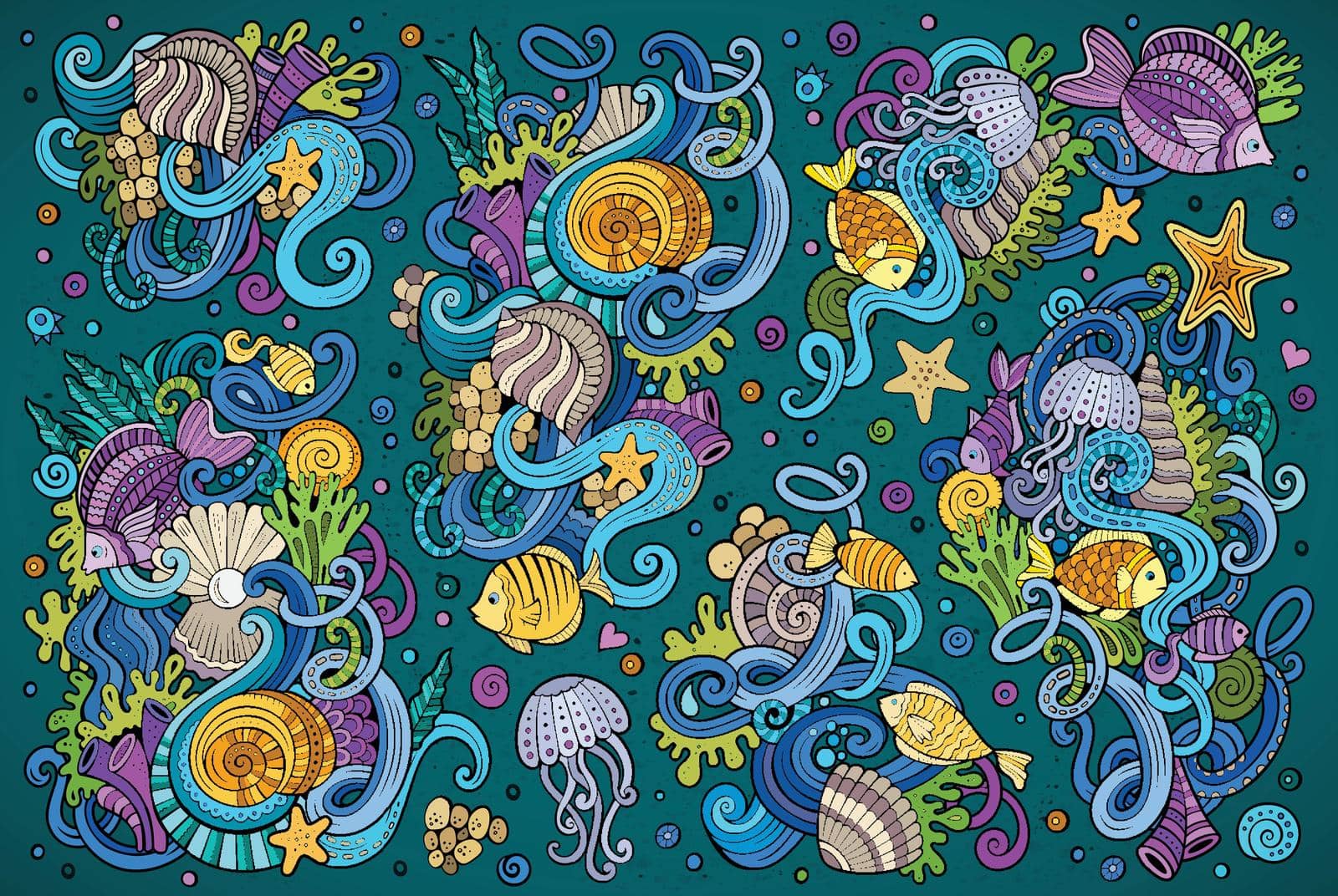Colorful vector hand drawn Doodle cartoon set of marine life objects and symbols
