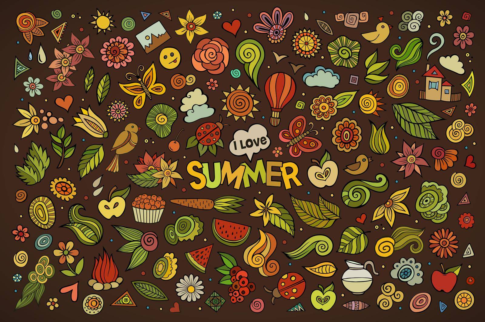 Summer nature hand drawn vector symbols and objects