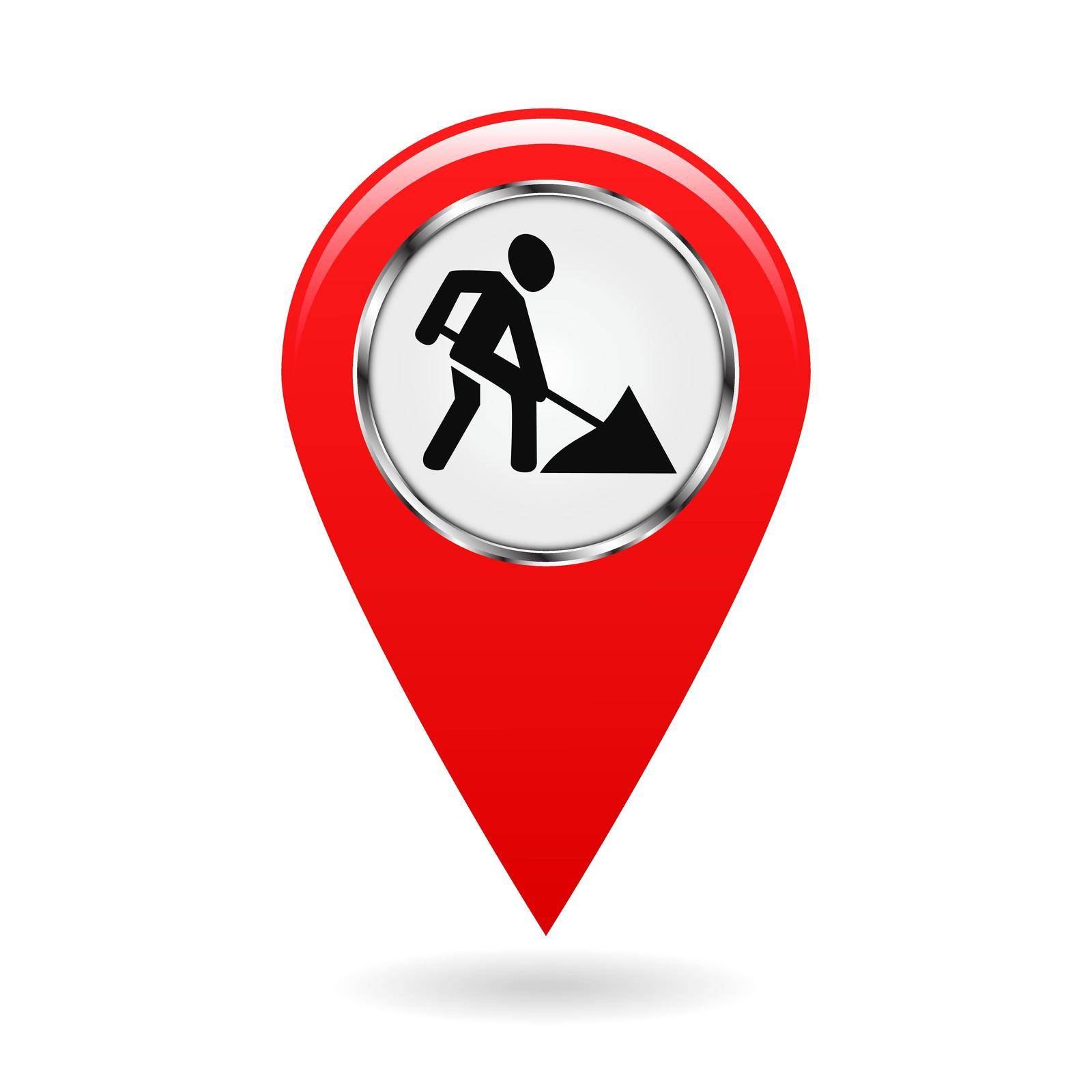 Map pointer. Indicator of repairs and emergency areas on the map terrain. safety symbol. Red object on white background. Vector illustration.