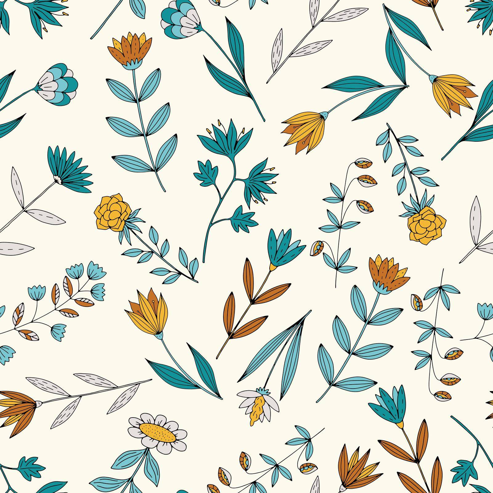 Vector seamless pattern with doodle hand drawn flowers. Beautiful stylised nature background. Boho seamless texture for textile, wallpaper, scrapbooking and wrapping paper. by iliris