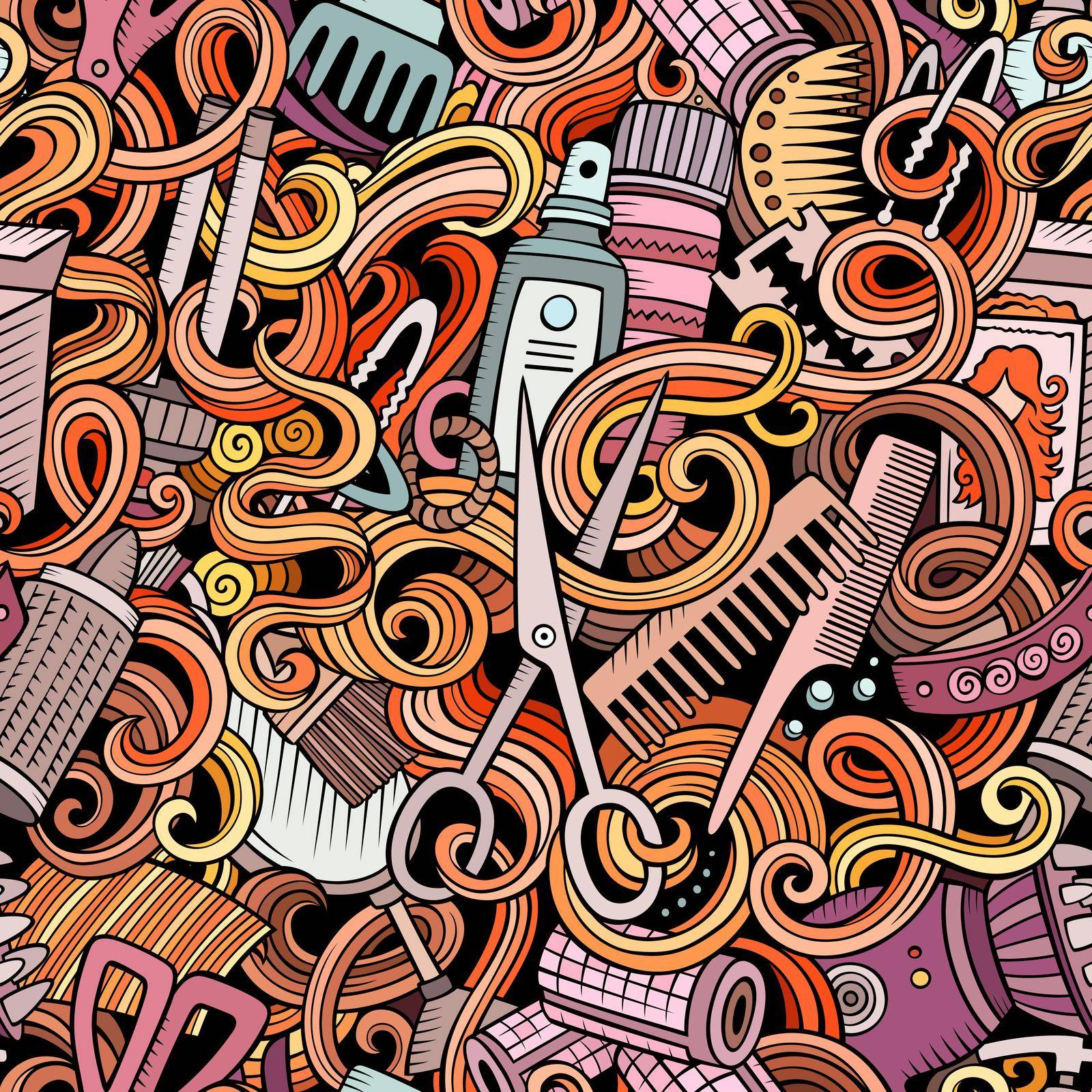 Cartoon cute doodles hairdressing salon seamless pattern by balabolka