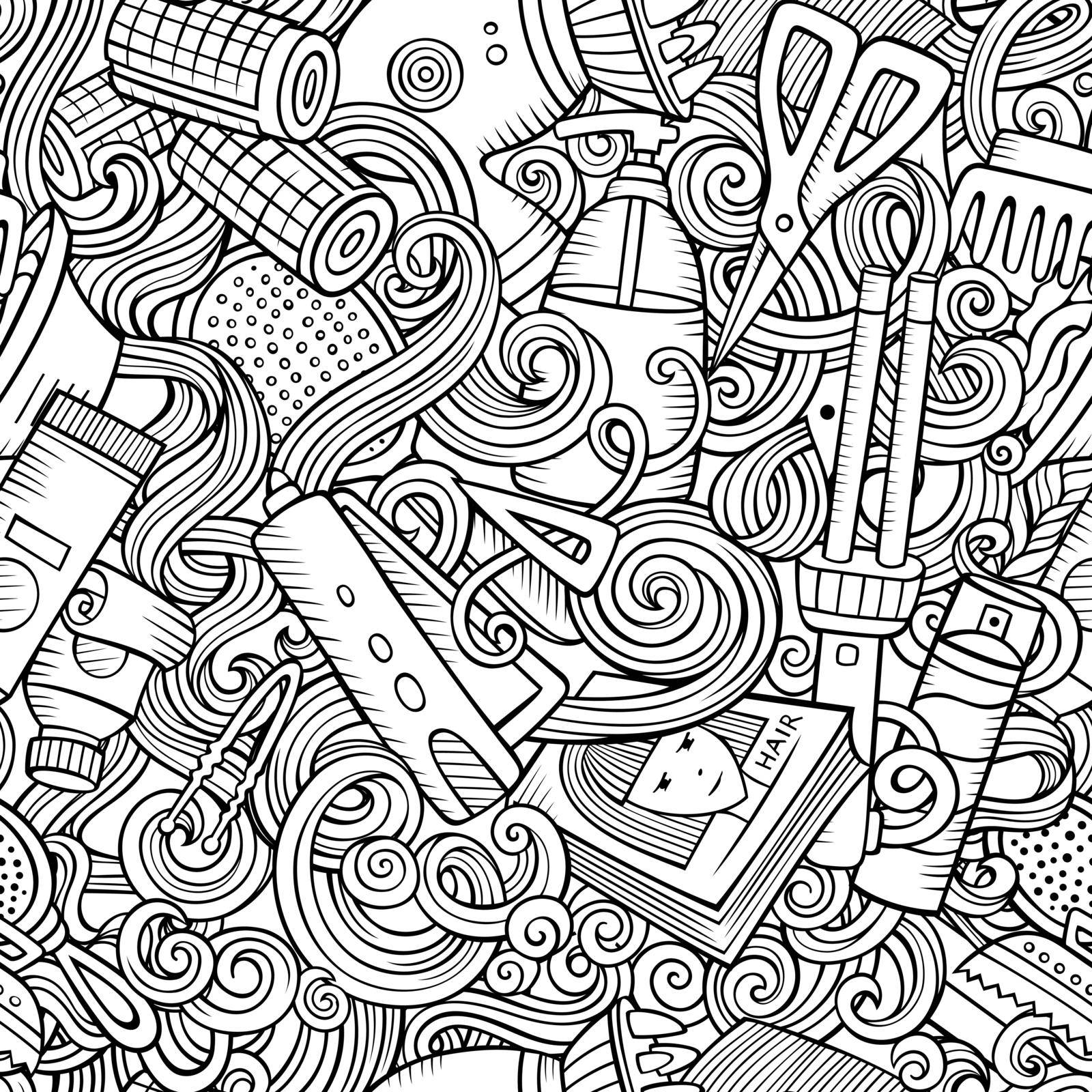Hair Salon hand drawn doodles seamless pattern. Hairstyle background. Cartoon hairdressing coloring page design. Sketchy vector barbershop illustration