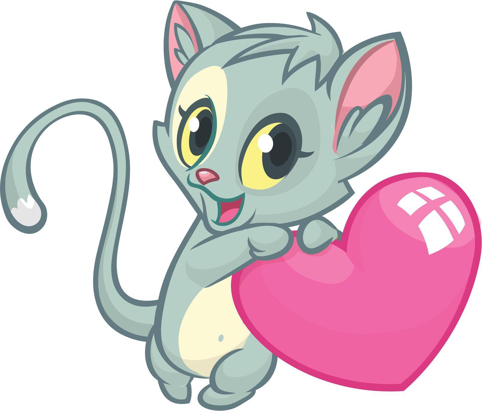 Cartoon funny kitty holding a heart love. Vector illustration for St Valentines Day. Isolated by drawkman